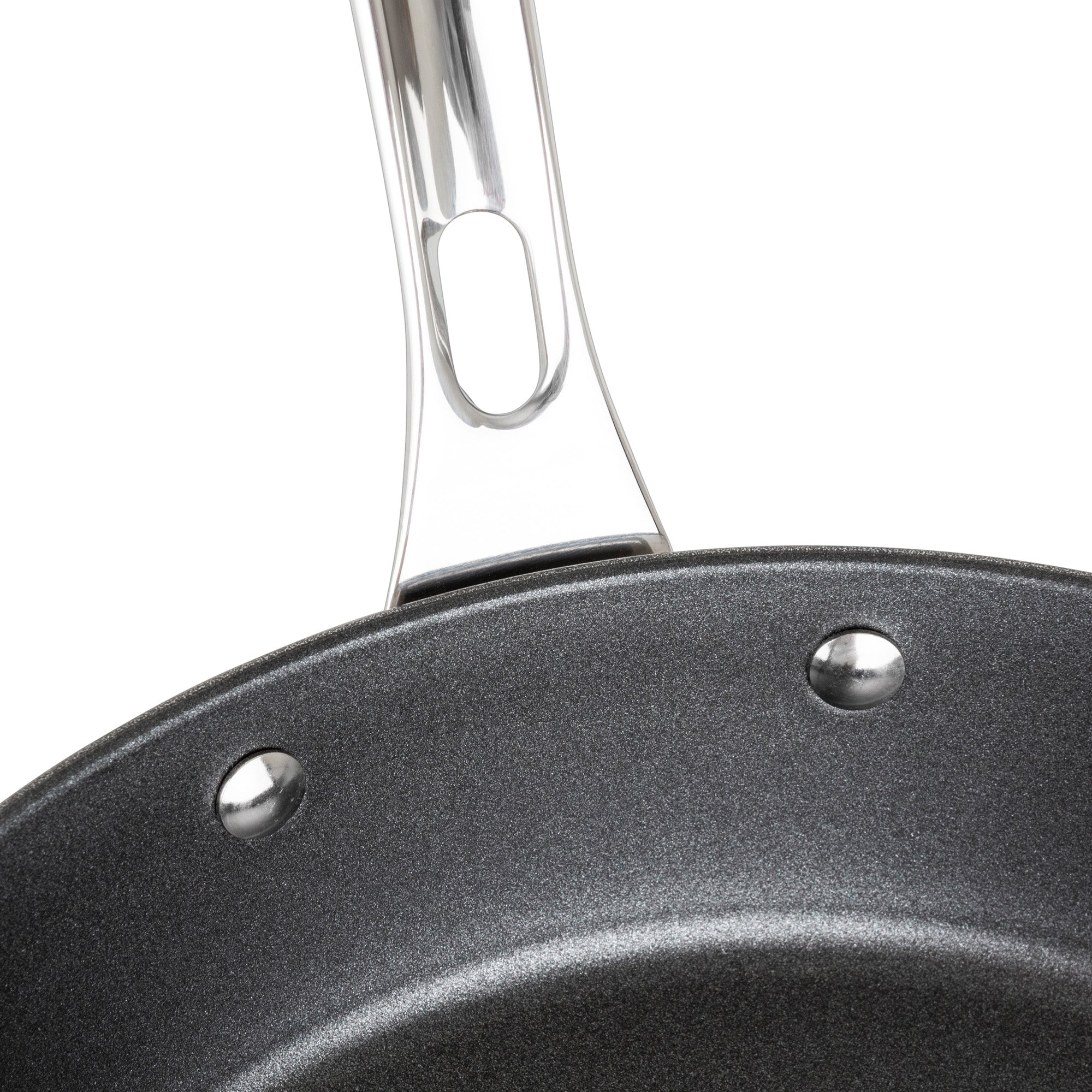 Close-up of the Viking Contemporary 3-Ply Stainless Steel 12-Inch Nonstick Fry Pan by Viking Culinary Products, featuring a black nonstick surface, a shiny stainless steel handle with two rivets, and induction compatible design.
