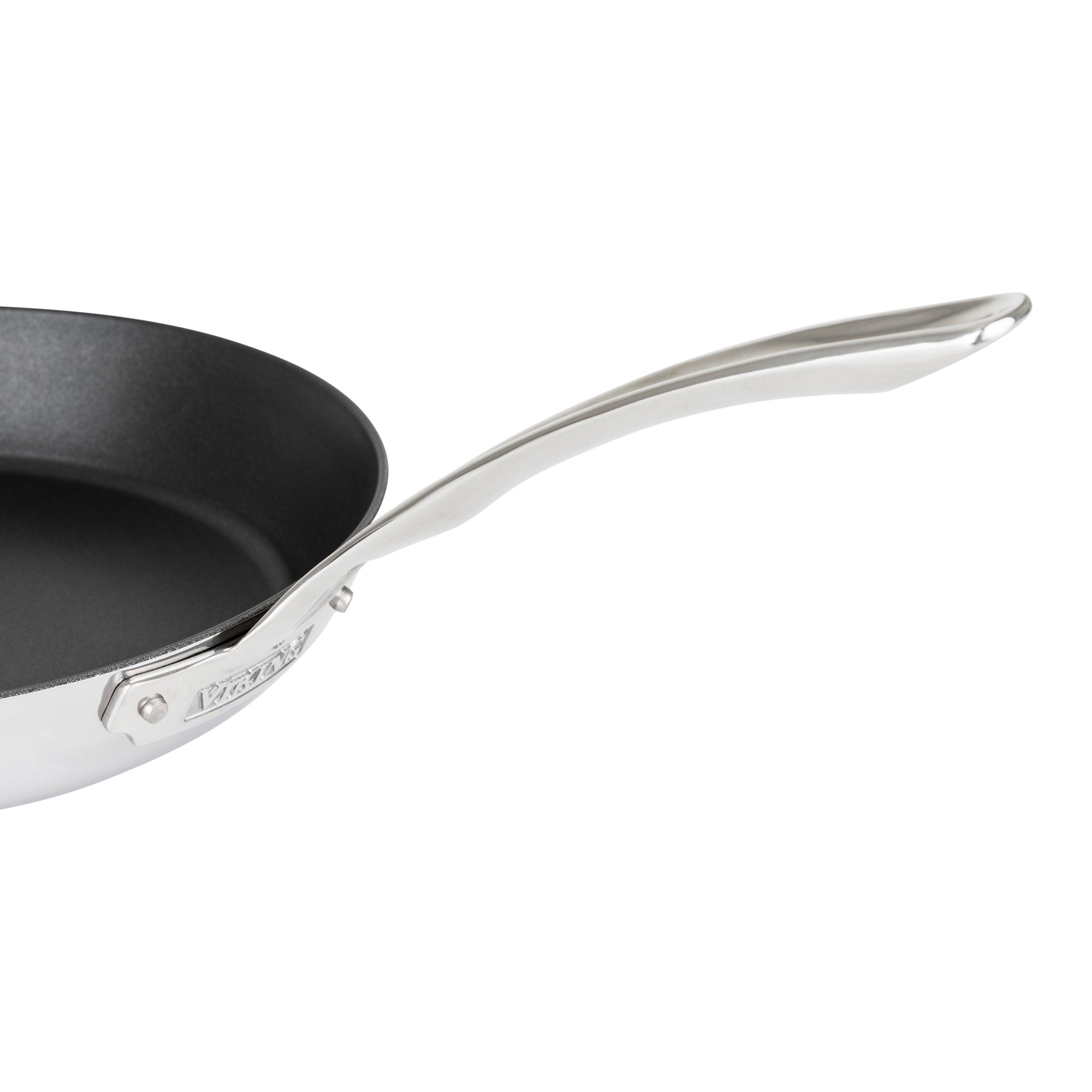 A close-up of the Viking Culinary Products Viking Contemporary 3-Ply Stainless Steel 12-Inch Nonstick Fry Pan shows its long, curved handle and nonstick interior. The induction-compatible pan is set against a plain white background.