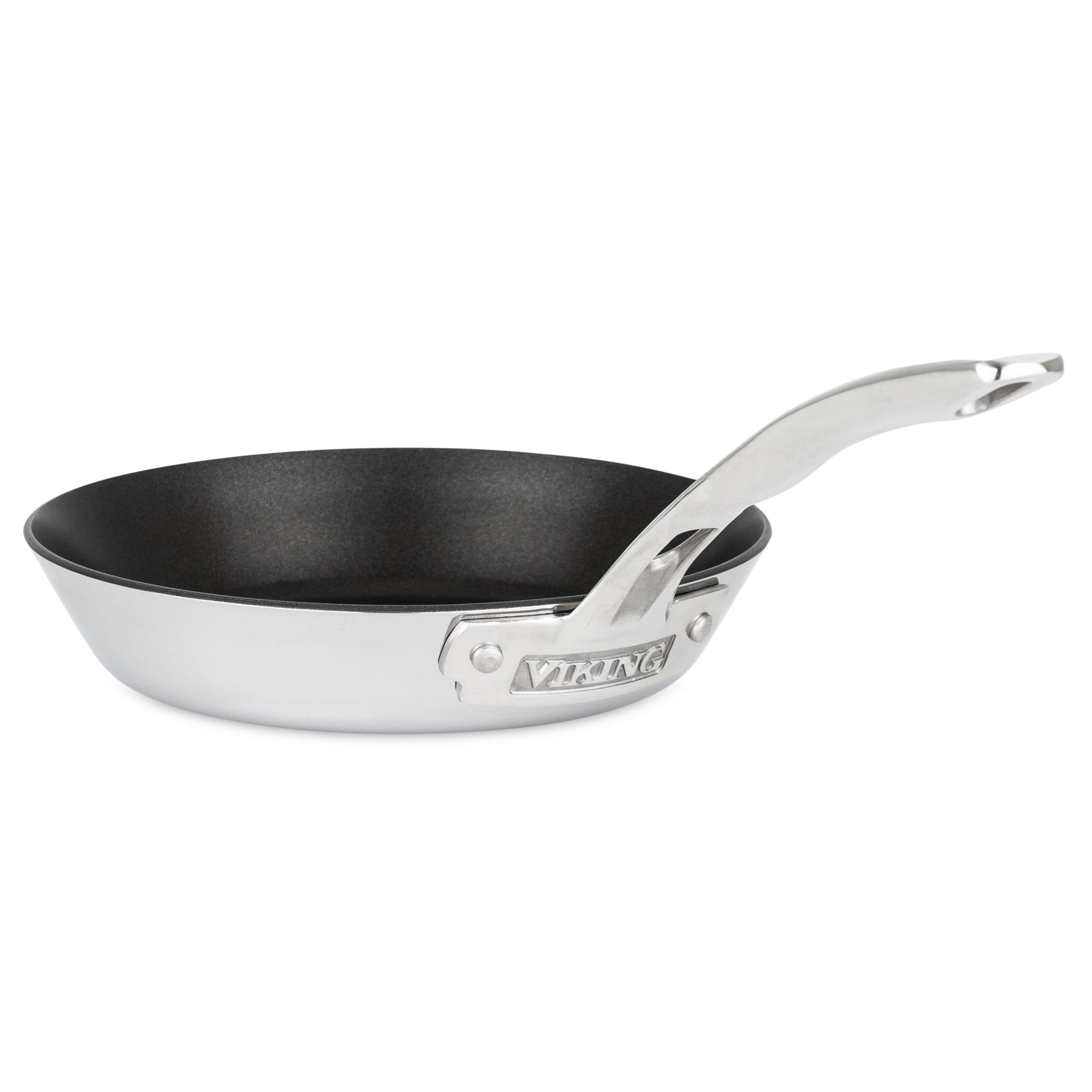 The Viking Contemporary 3-Ply Stainless Steel 8-Inch Nonstick Fry Pan by Viking Culinary Products features a black nonstick interior, long curved handle, induction compatibility, and brand engraving near the handles base.
