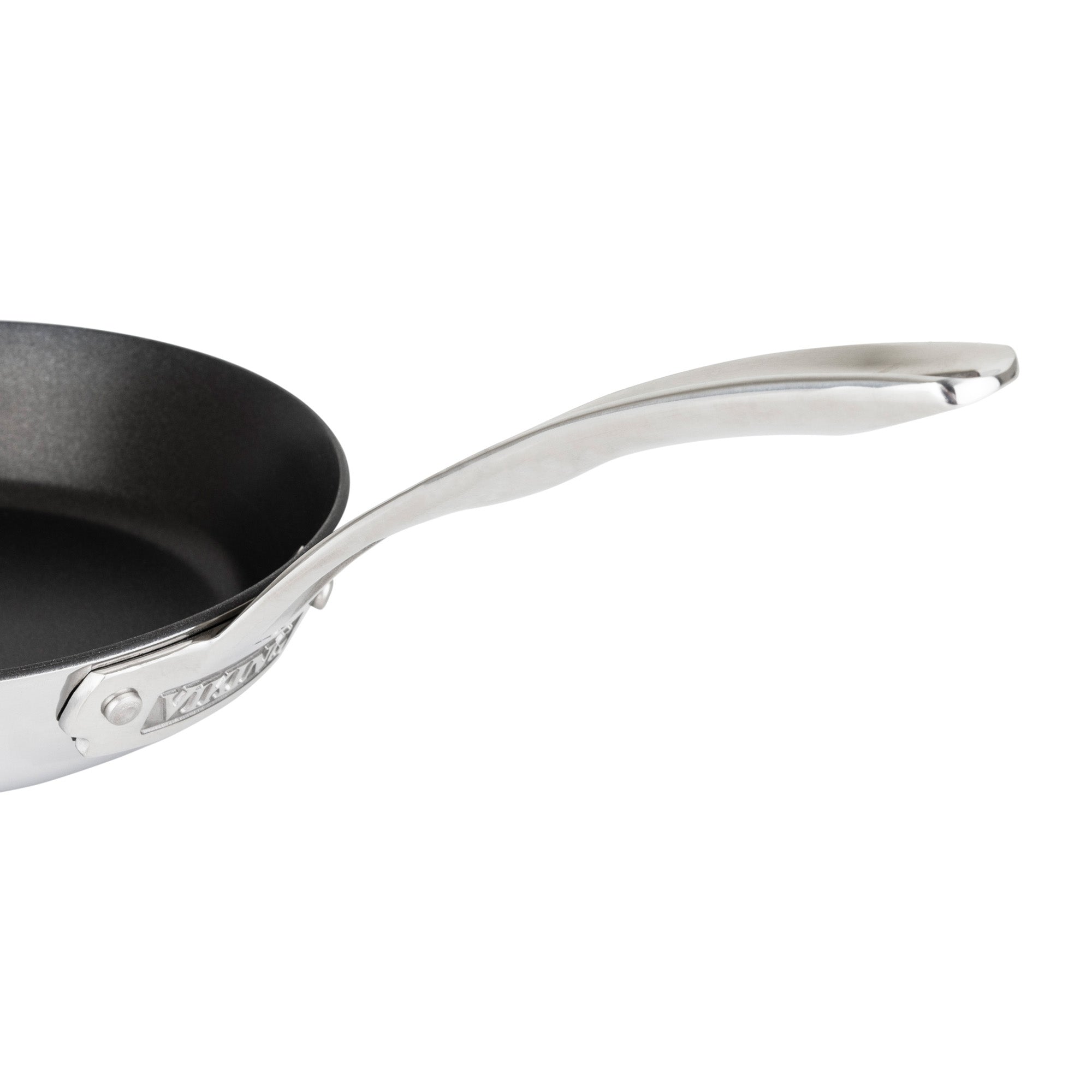 Close-up of the handle and side of the Viking Contemporary 3-Ply Stainless Steel 8-Inch Nonstick Fry Pan by Viking Culinary Products, showing its induction compatible base against a plain white background.