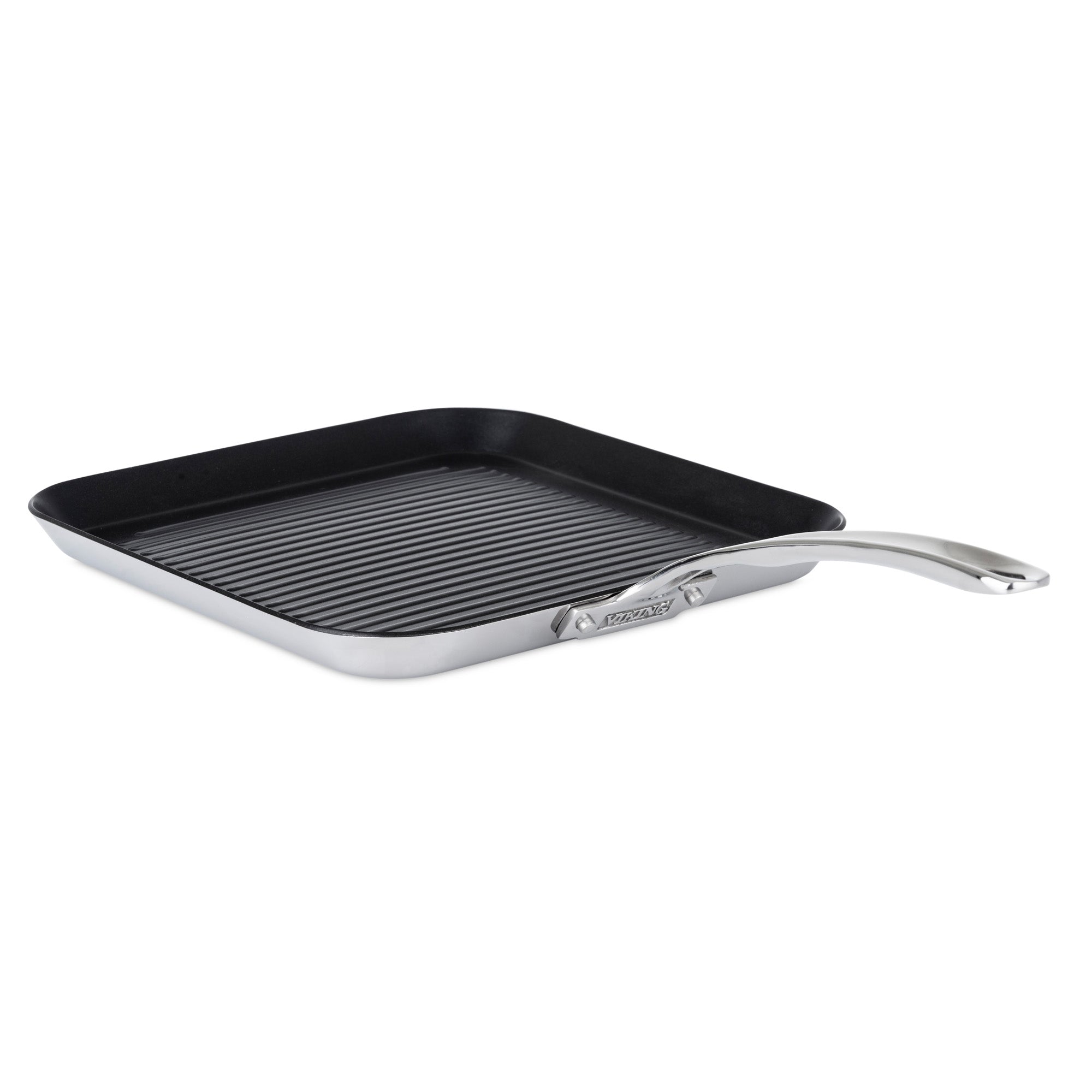 The Viking Contemporary 3-Ply Stainless Steel 11-Inch Nonstick Grill Pan by Viking Culinary Products has a square shape, long curved handle, and raised ridges on the cooking surface, displayed on a white background.