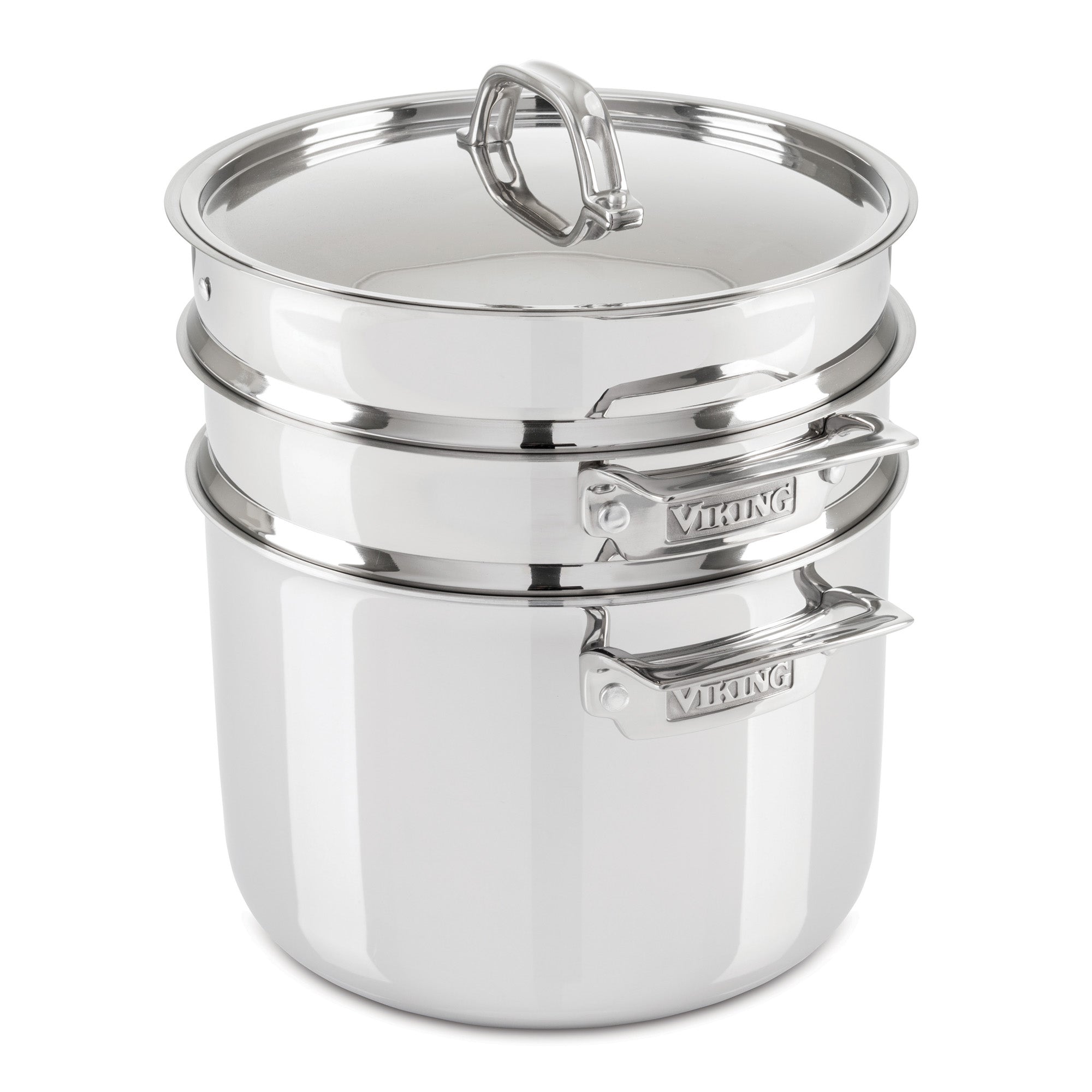 The Viking 3-Ply Stainless Steel 8 Qt Multipot 4-Piece Set from Viking Culinary Products includes a metal lid, deep main pot, and two stackable steamer inserts with sturdy handles. Dishwasher safe for easy cleanup.