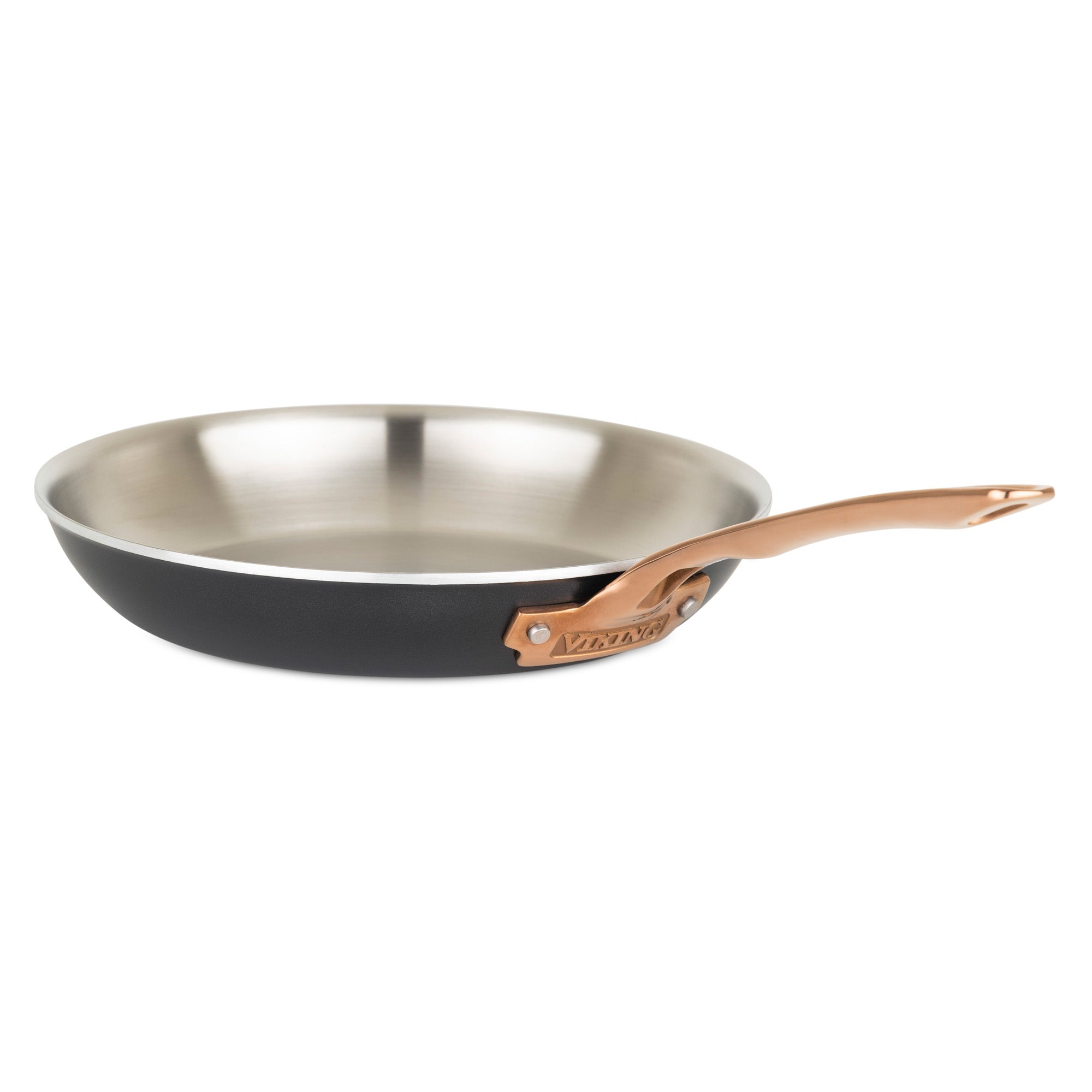 The Viking 3-Ply 11 Piece Black and Copper Cookware Set by Viking Culinary Products features a stainless steel frying pan with a black exterior and shiny copper-colored stay-cool handle, shown on a white background.