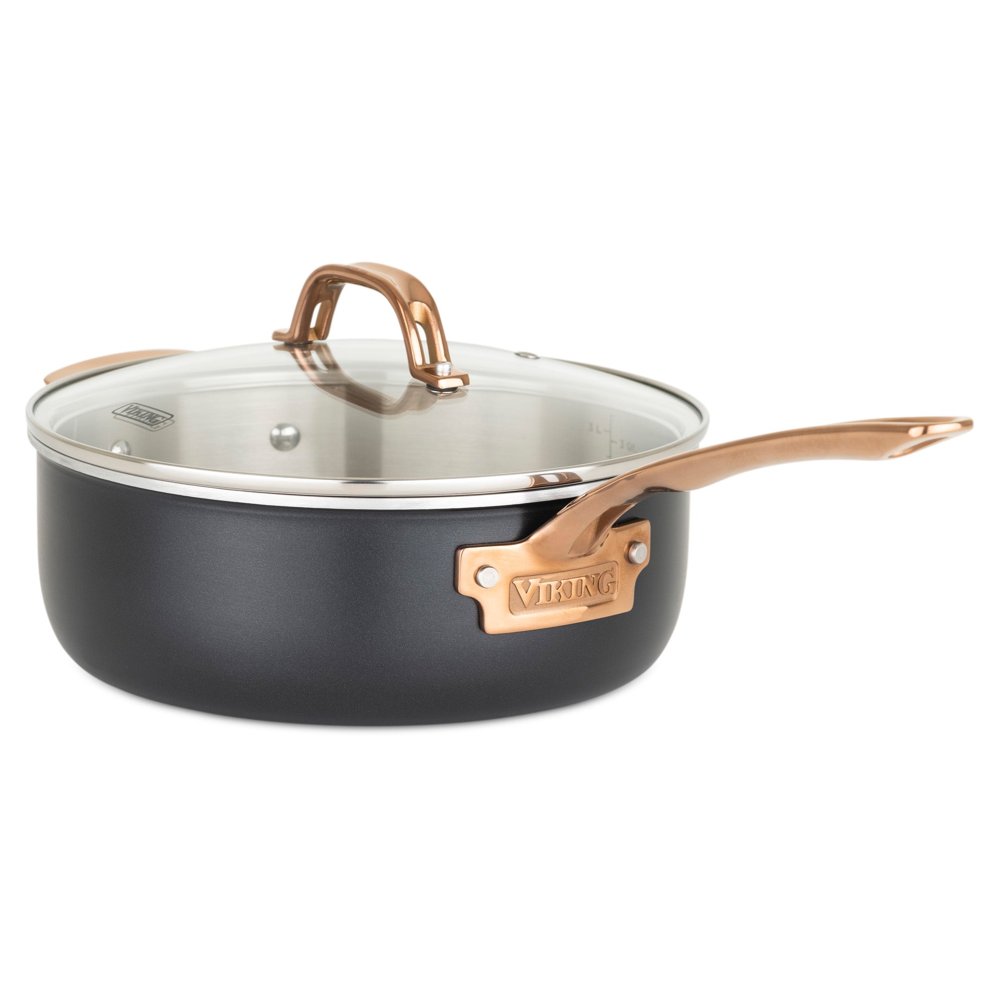 The Viking 3-Ply 11 Piece Black and Copper Cookware Set from Viking Culinary Products features sleek, stainless steel pots with copper-colored, stay-cool handles, glass lids, and both the handle and side bracket labeled Viking.