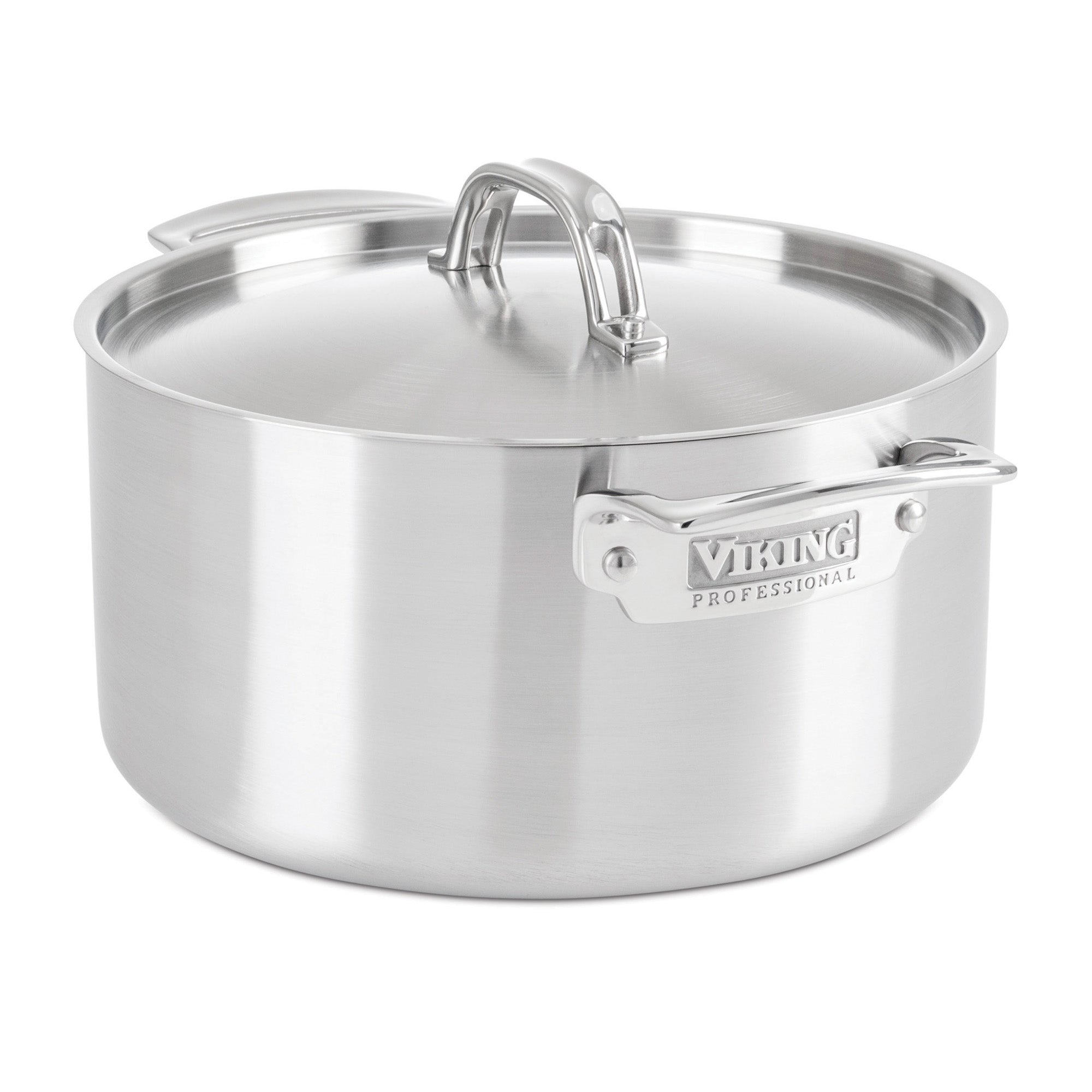 The Viking Culinary Products Professional 5-Ply Stainless Steel 6-Quart Stock Pot, with sturdy handles and a brushed finish, includes a lid and is dishwasher safe for easy cleanup; shown against a white background.