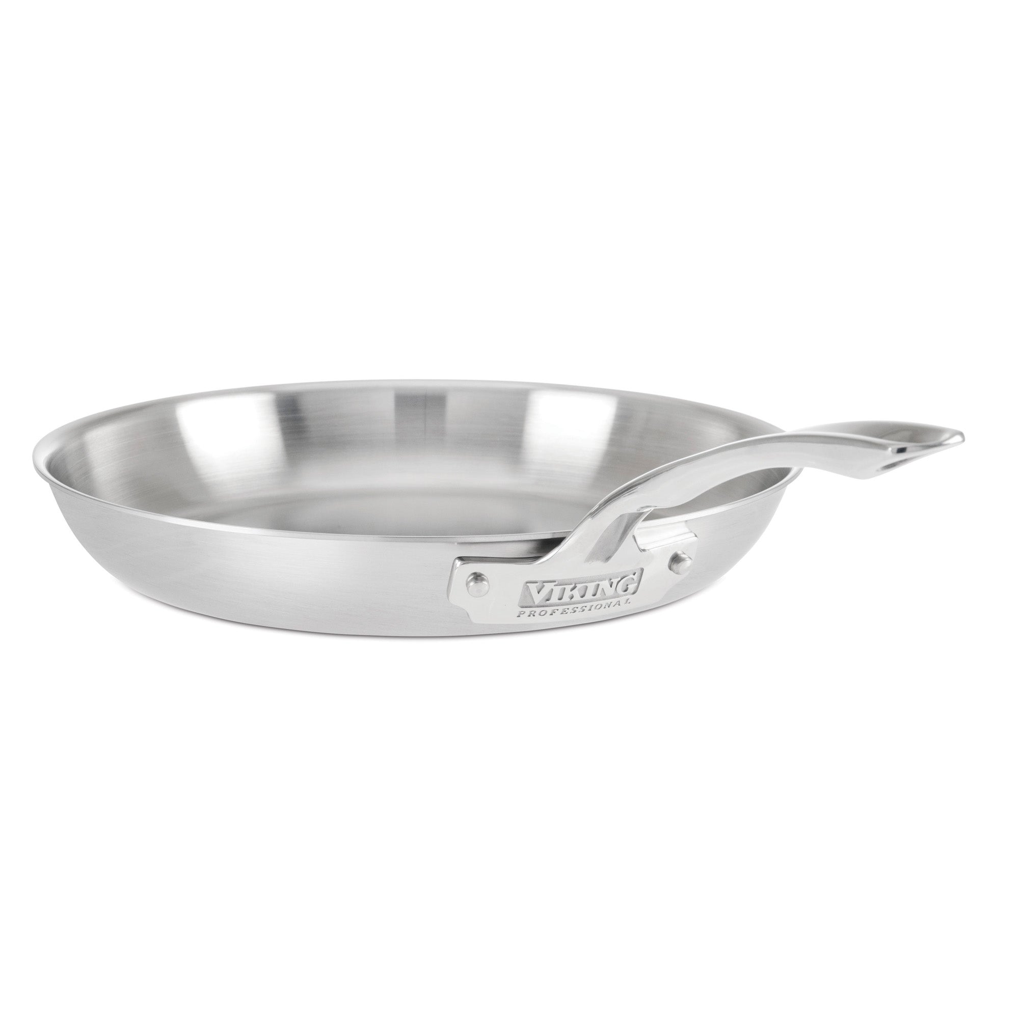 The Viking Professional 5-Ply 12-Inch Fry Pan by Viking Culinary Products features a long Stay-Cool handle with the Viking name engraved, a shiny brushed stainless steel finish, and is pictured against a plain white background.