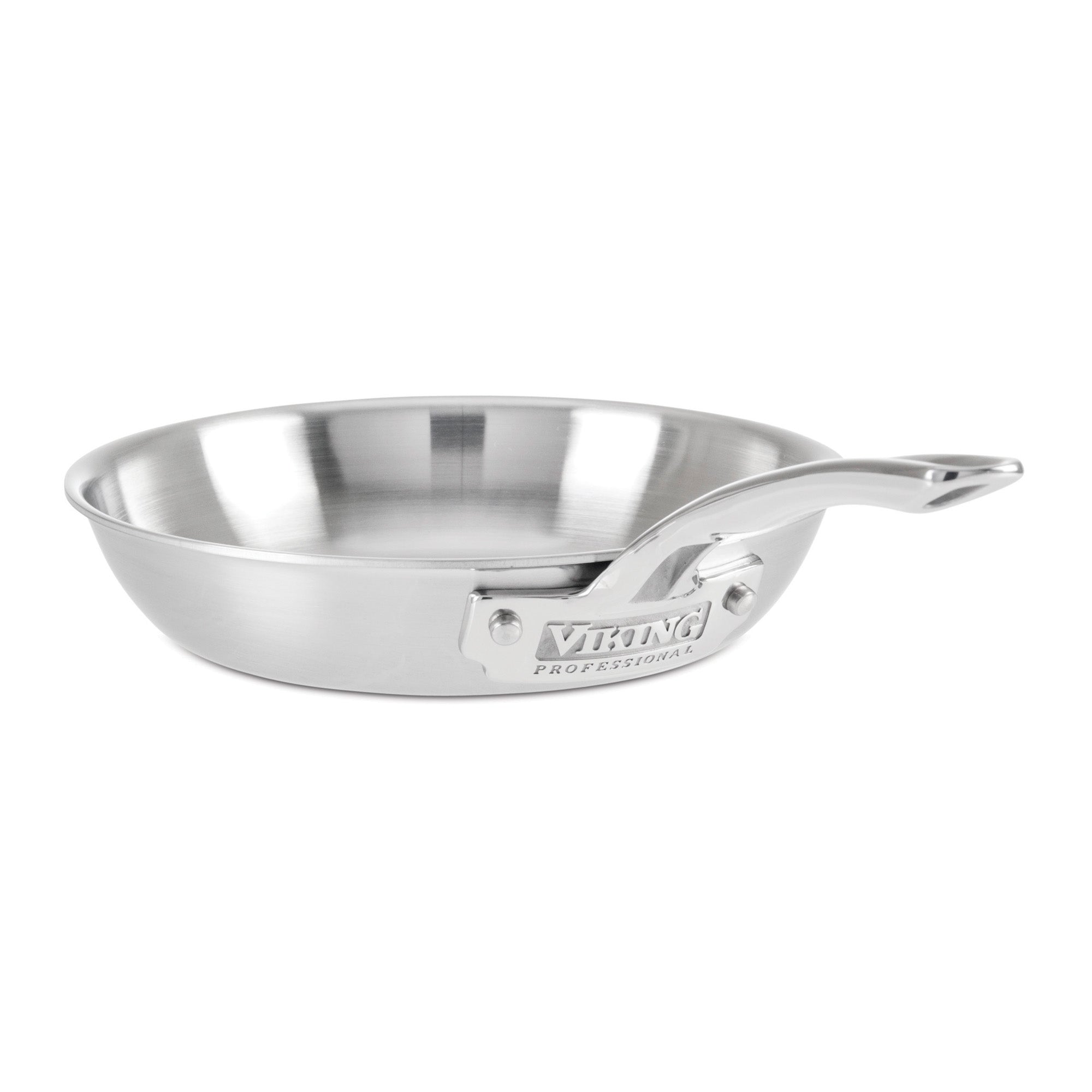 The Viking Professional 5-Ply 8-inch Fry Pan by Viking Culinary Products features durable stainless steel, a curved handle, and a riveted joint. Dishwasher safe, it combines style and convenience for your kitchen. Set against a plain white background.