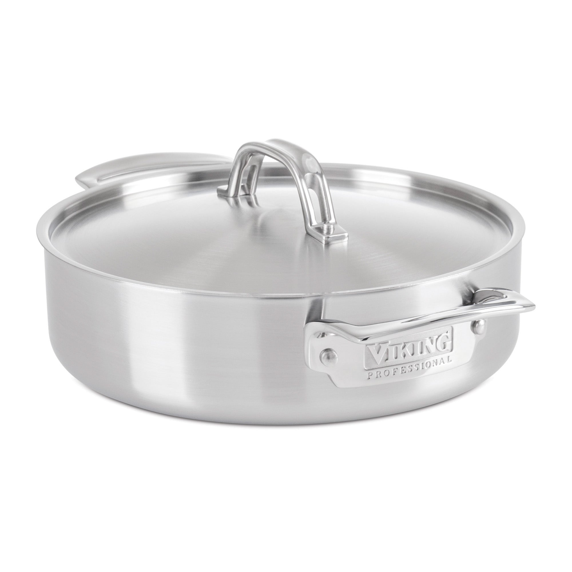 The Viking Culinary Products Professional 5-Ply Stainless Steel 3.4-Quart Casserole Pan features sturdy handles, a brushed finish, matching lid, visible logo on the handle, and is dishwasher safe for easy cleanup.