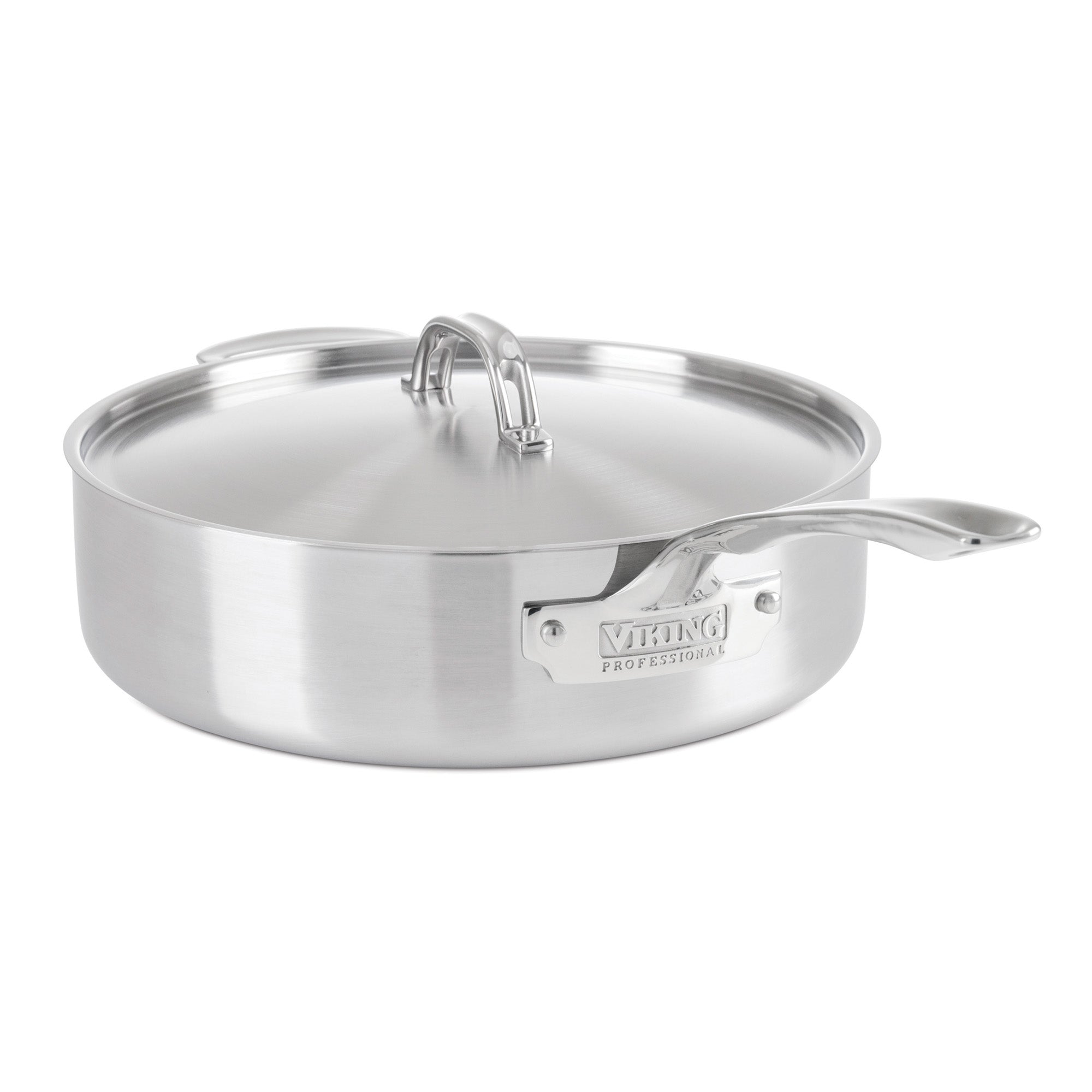 The Viking Professional 5-Ply Stainless Steel 6.4-Quart Sauté Pan by Viking Culinary Products features a metal lid, Viking handles, and a sleek brushed finish for a modern look. The brand logo is displayed on the side.