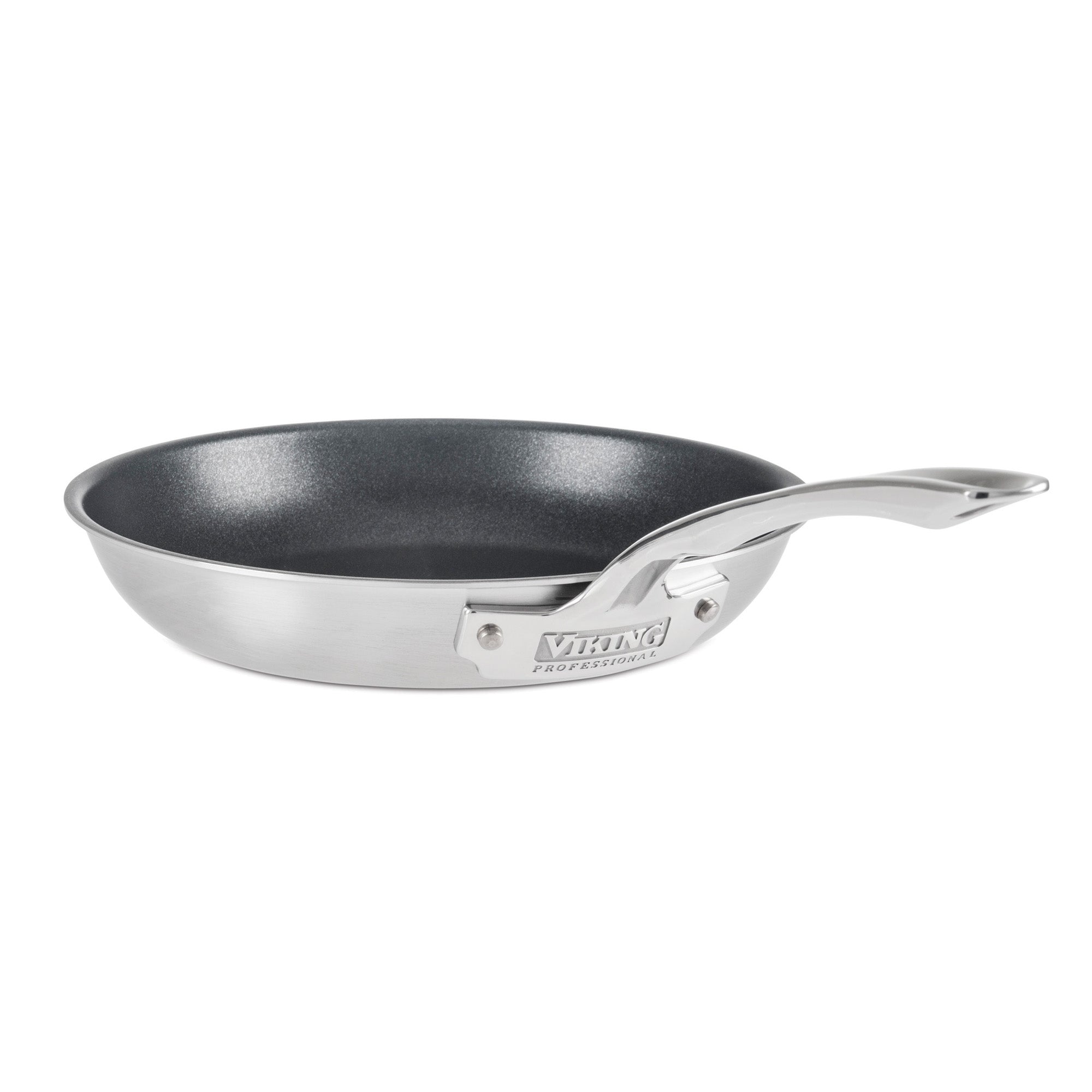 The Viking Professional 5-Ply 10-Inch Nonstick Fry Pan by Viking Culinary Products has a stainless steel body, curved handle, easy-to-clean nonstick surface, and is dishwasher safe. Shown on a white background.