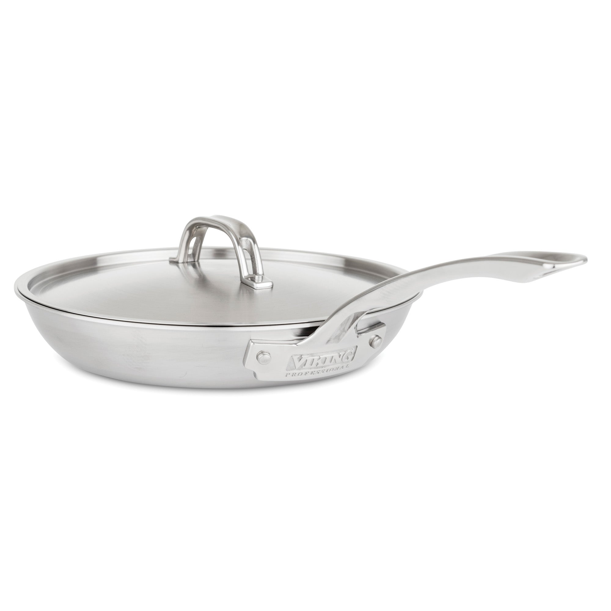 The Viking Professional 5-Ply Stainless Steel Covered Nonstick 10-Inch Fry Pan by Viking Culinary Products features a stay-cool handle and matching stainless steel lid, shown on a white background.