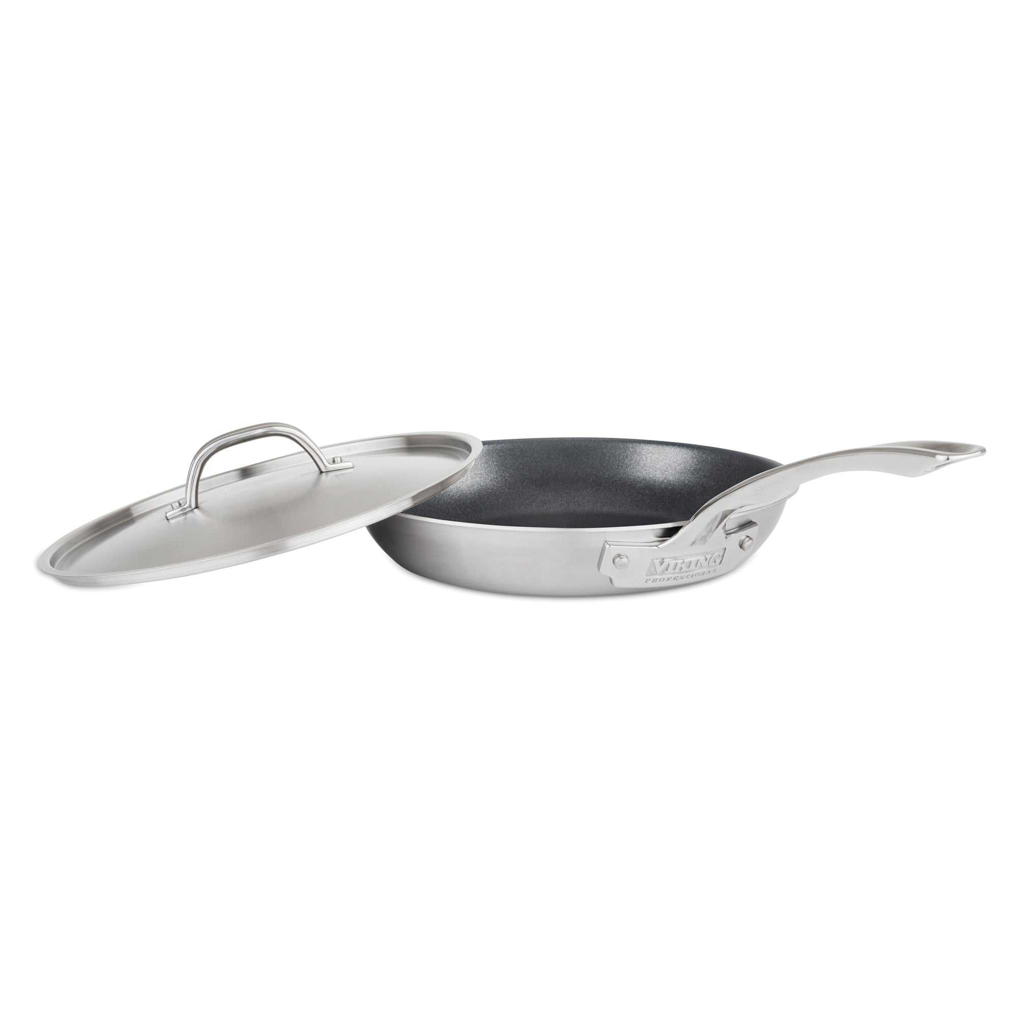The Viking Culinary Products Professional 5-Ply Stainless Steel Covered Nonstick 10-Inch Fry Pan, with a long stay-cool handle and sleek nonstick interior, is shown on a white background.