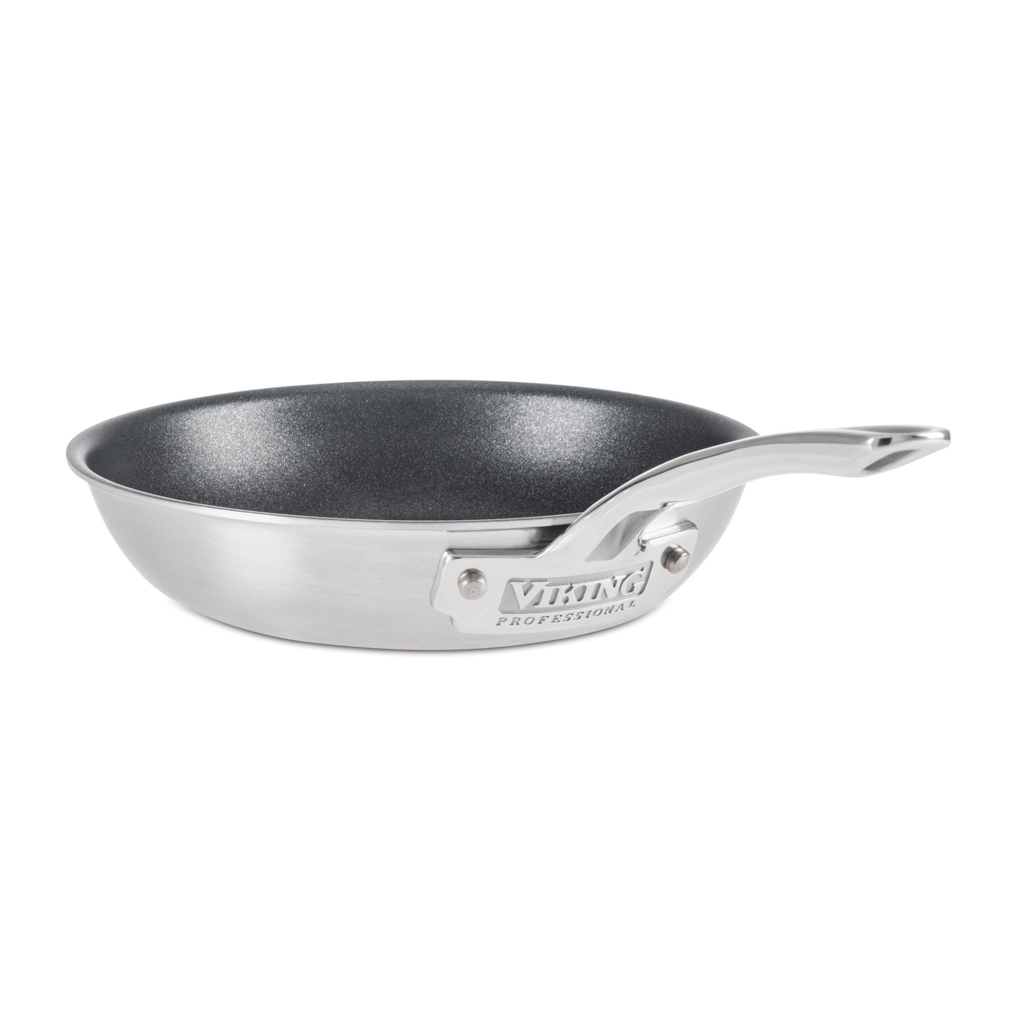 The Viking Culinary Products Professional 5-Ply 8-Inch Nonstick Fry Pan features a stainless steel body, stay-cool riveted handle, and Viking Professional engraving. The empty pan is displayed on a white background.