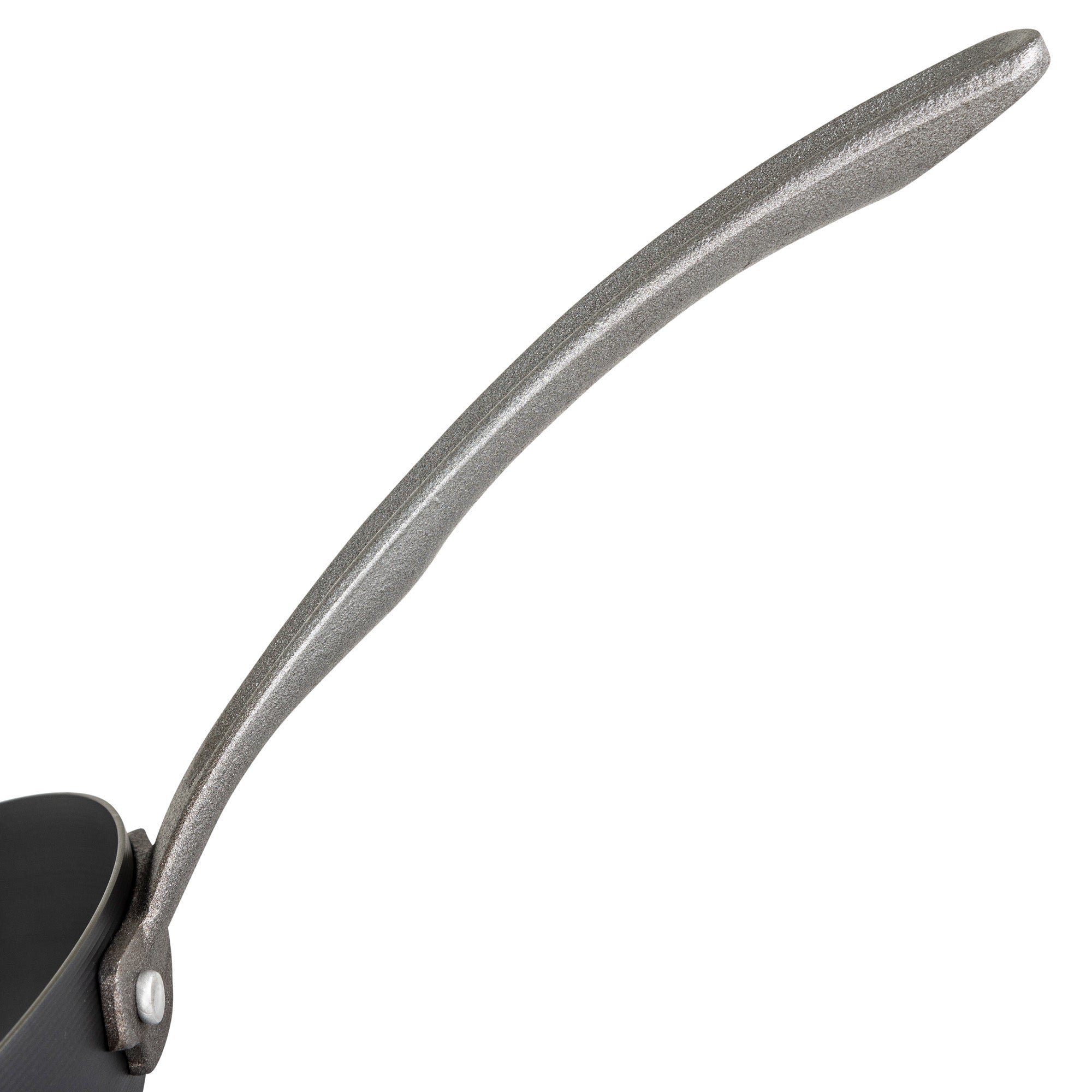 Close-up of the curved, textured metallic handle on the Viking Blue Carbon Steel 10-Inch Fry Pan by Viking Culinary Products, attached to the blue pan and set against a white background.