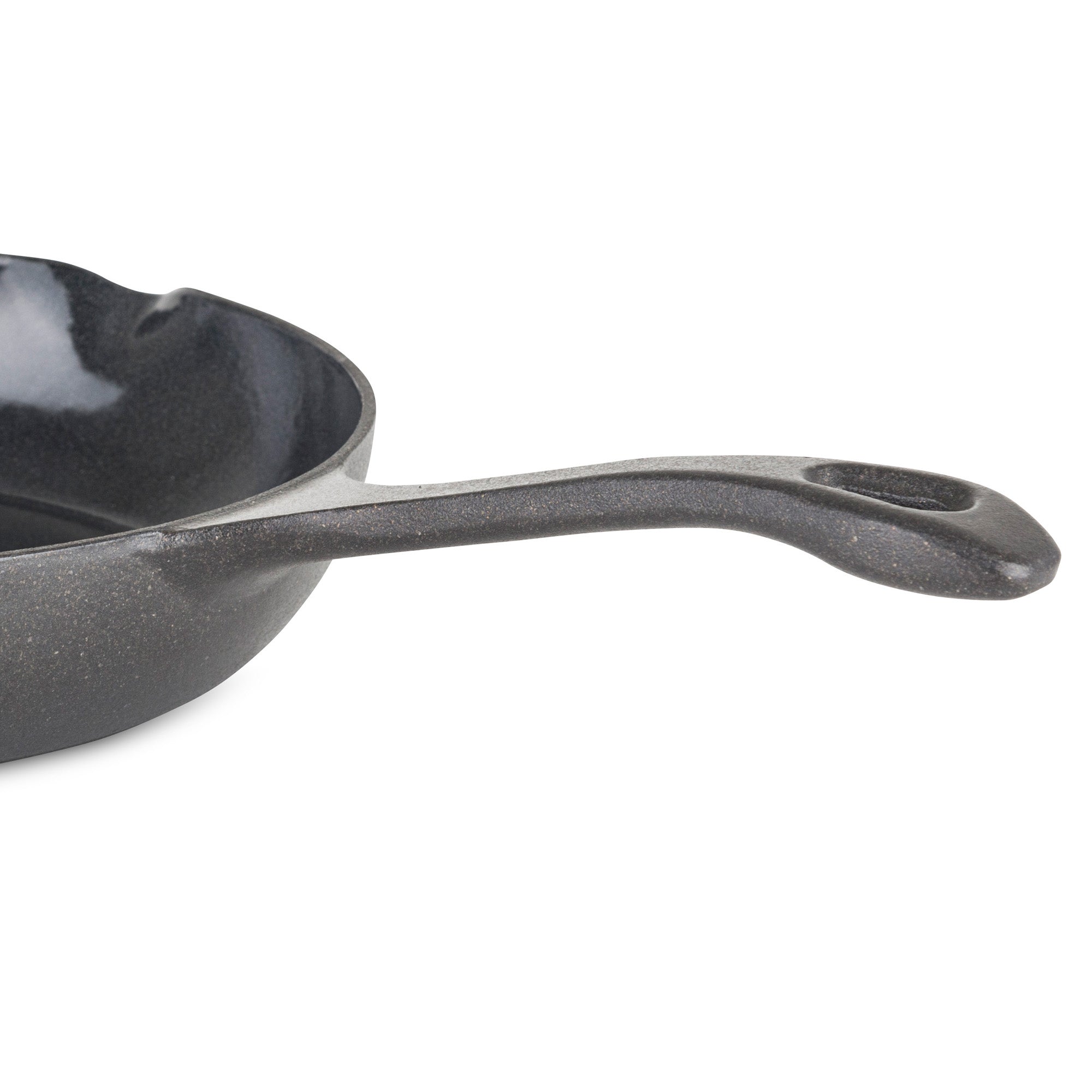 Close-up of the Viking Enameled Cast Iron 10.5-Inch Chefs Pan by Viking Culinary Products, featuring its black enamel finish and long handled design with a hole at the end, set against a white background—perfect for versatile cooking.