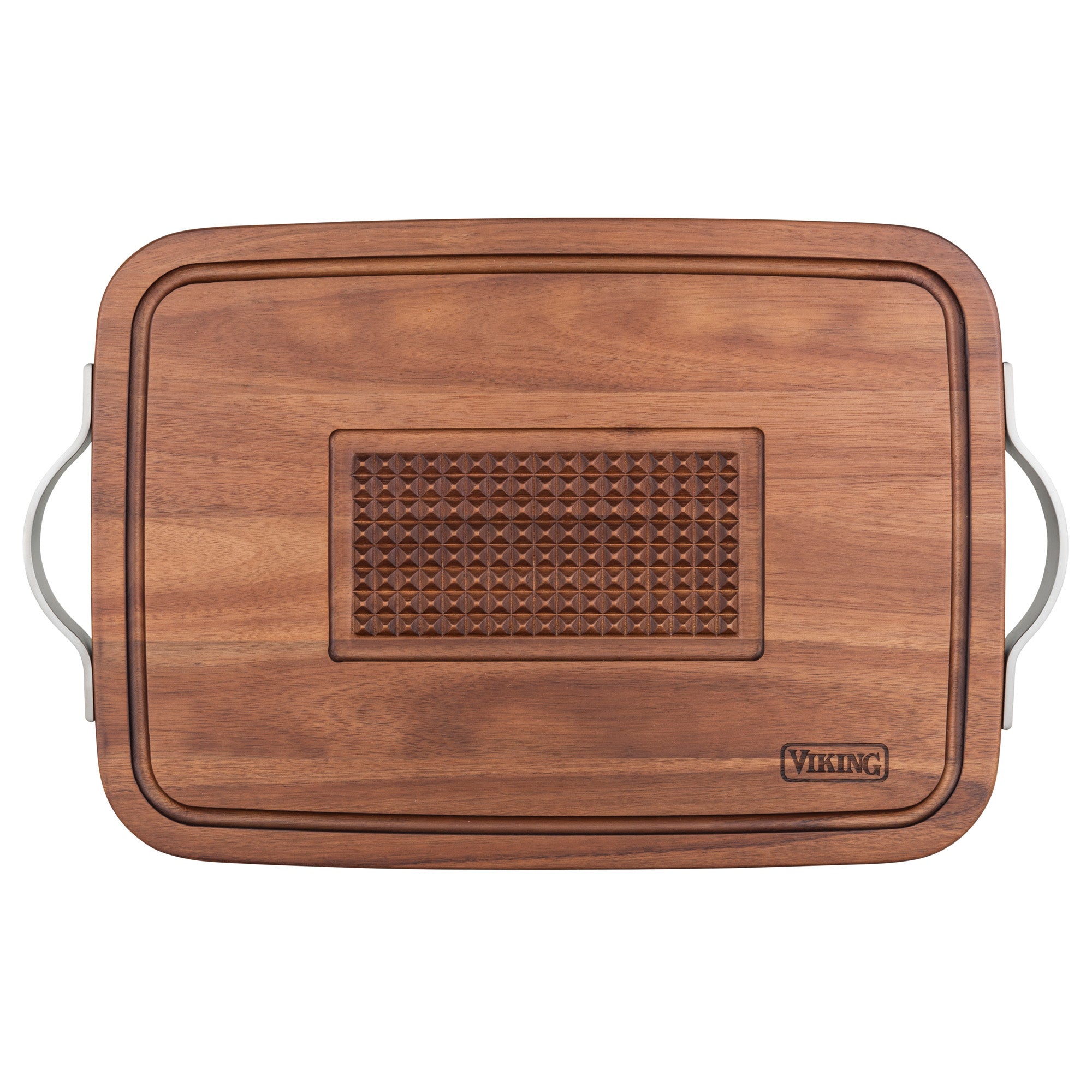 The Viking Acacia Carving Board with Juice Well and Metal Handle by Viking Culinary Products features a grooved border, textured center, sturdy metal handles, and an engraved VIKING logo in the corner.