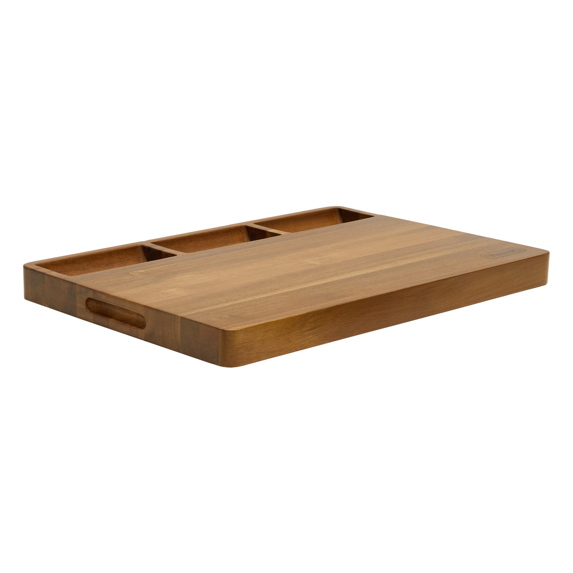 The Viking Acacia 20-Inch Reversible Butcher Block Prep and Carving Board by Viking Culinary Products features three built-in compartments, a side handle, and a juice groove, shown on a white background.