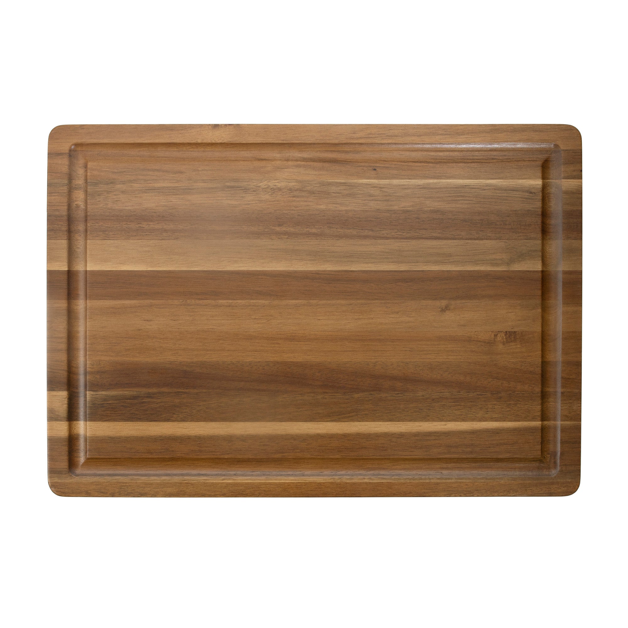 The Viking Acacia 20-Inch Reversible Butcher Block Prep and Carving Board by Viking Culinary Products features rounded corners, a recessed juice groove, and displays natural light and dark brown grain patterns on Acacia wood. Shown on a white background.