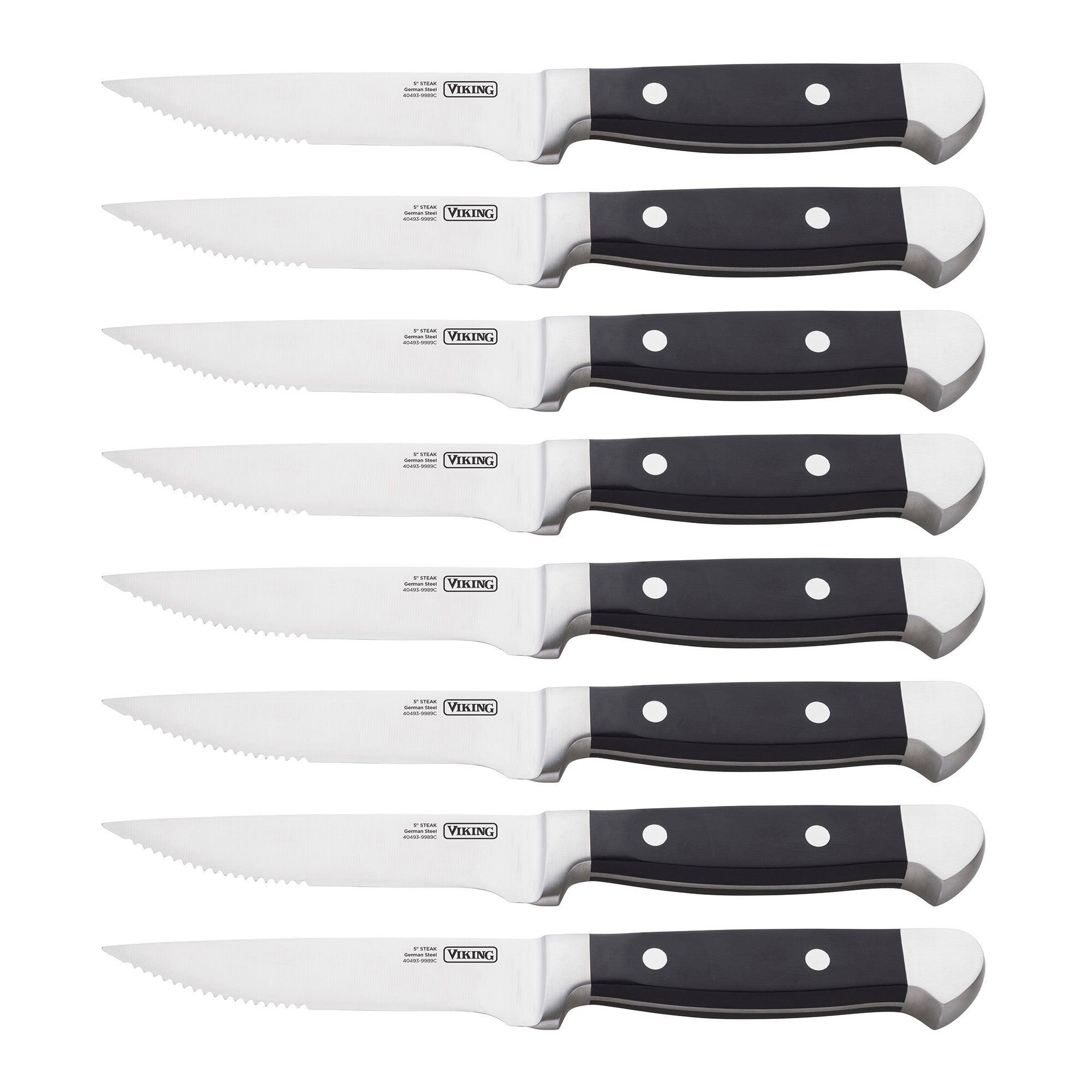 The Viking Steakhouse 8-Piece Steak Knife Set by Viking Culinary Products features serrated German stainless steel blades and black handles, arranged in a neat horizontal row against a white background. Comes in a gift box.