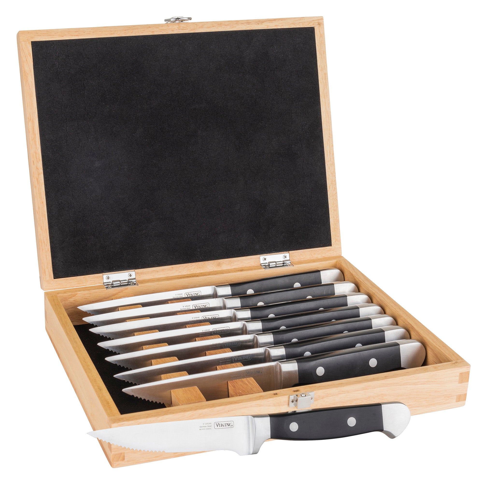 The Viking Culinary Products Steakhouse 8-Piece Steak Knife Set features German stainless steel, black and silver handles, a wooden gift box with individually slotted knives, and one knife displayed outside the box.