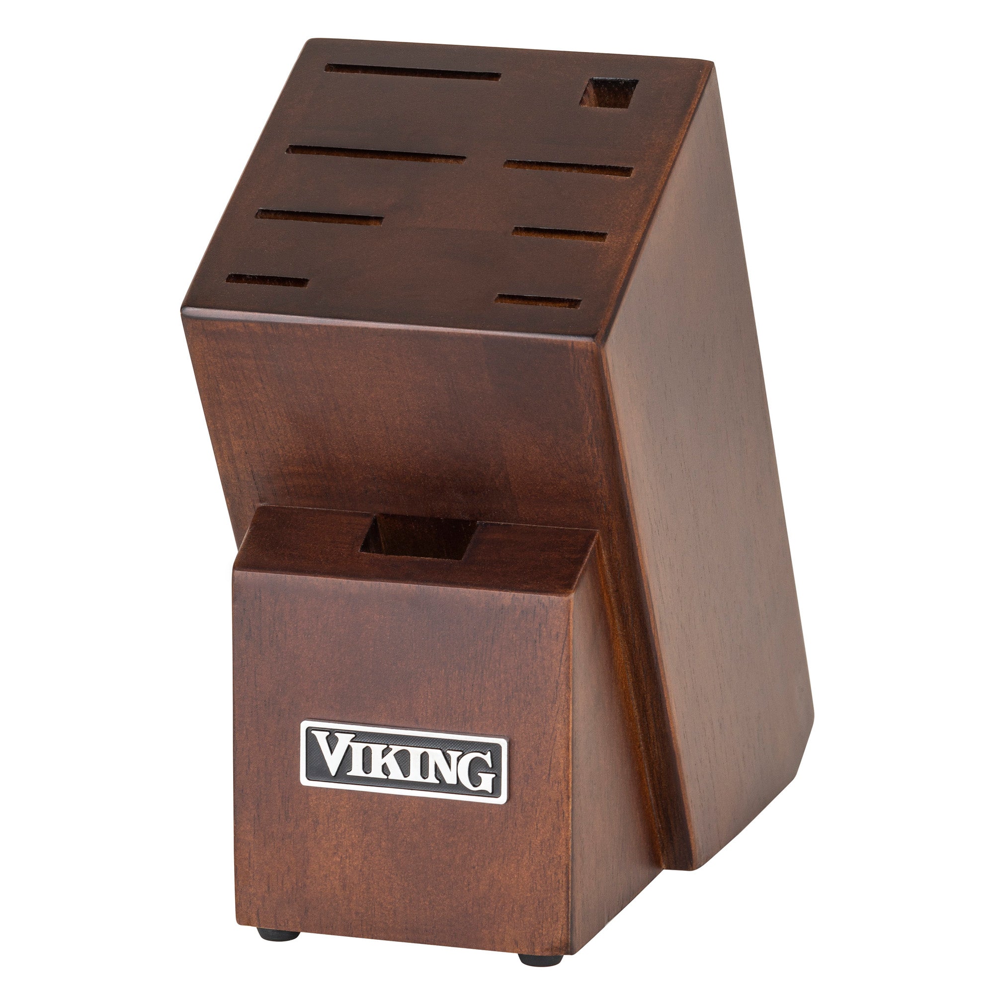 The Viking 10-Piece True Forged Cutlery Set by Viking Culinary Products features stainless steel blades, kitchen shears, and an angled dark brown wooden block with the Viking logo and multiple knife slots.