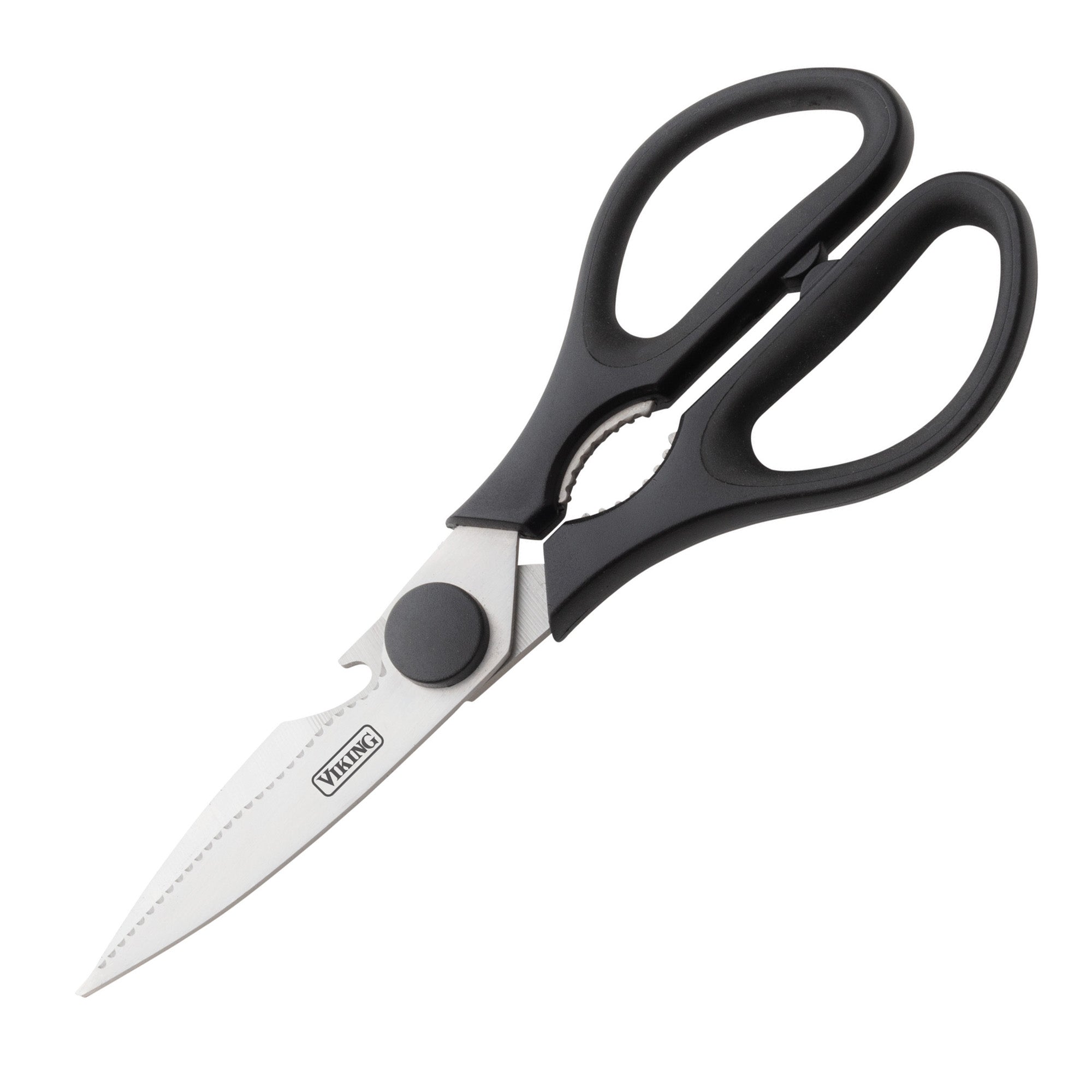 The Viking 10-Piece True Forged Cutlery Set with Block by Viking Culinary Products includes kitchen shears with black handles, stainless steel blades, a serrated edge, and a built-in bottle opener—perfect alongside your chef knife.