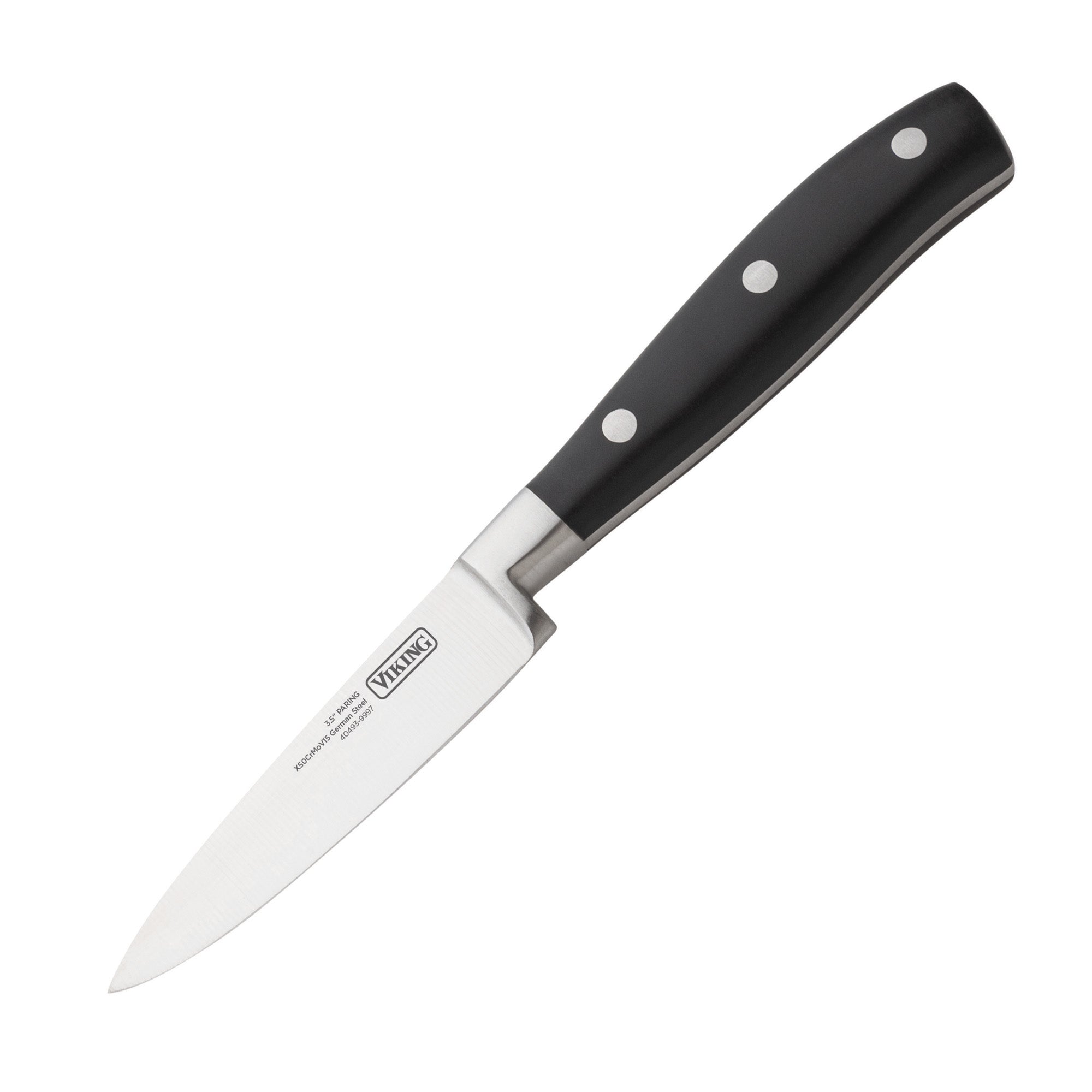 A Viking Culinary Products paring knife from the Viking 17-Piece Cutlery Set, featuring an ergonomic black handle with three metal rivets, is displayed on a white background.