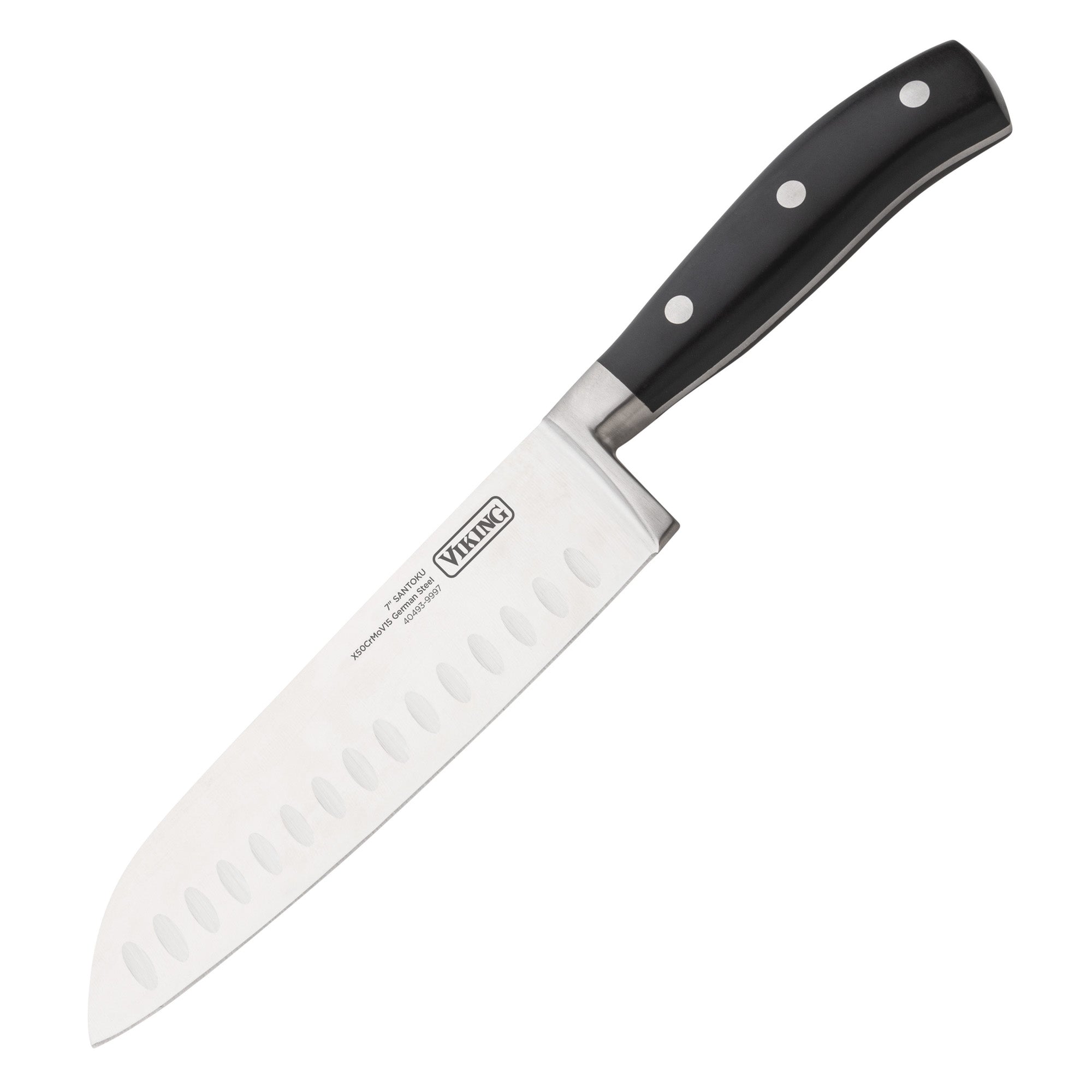 A stainless steel chef knife from the Viking 17-Piece Cutlery Set by Viking Culinary Products features an ergonomic black handle with three rivets and the brand name printed on the blade.