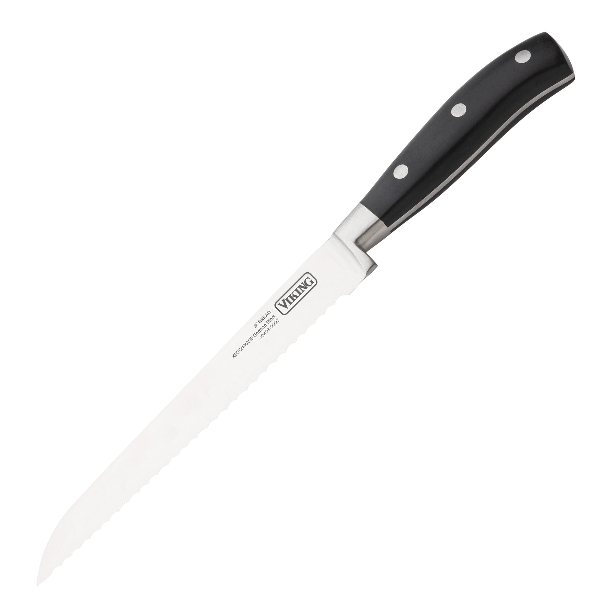 A serrated bread knife from the Viking 17-Piece Cutlery Set features an ergonomic black handle with three silver rivets and the Viking Culinary Products logo on its stainless steel blade.