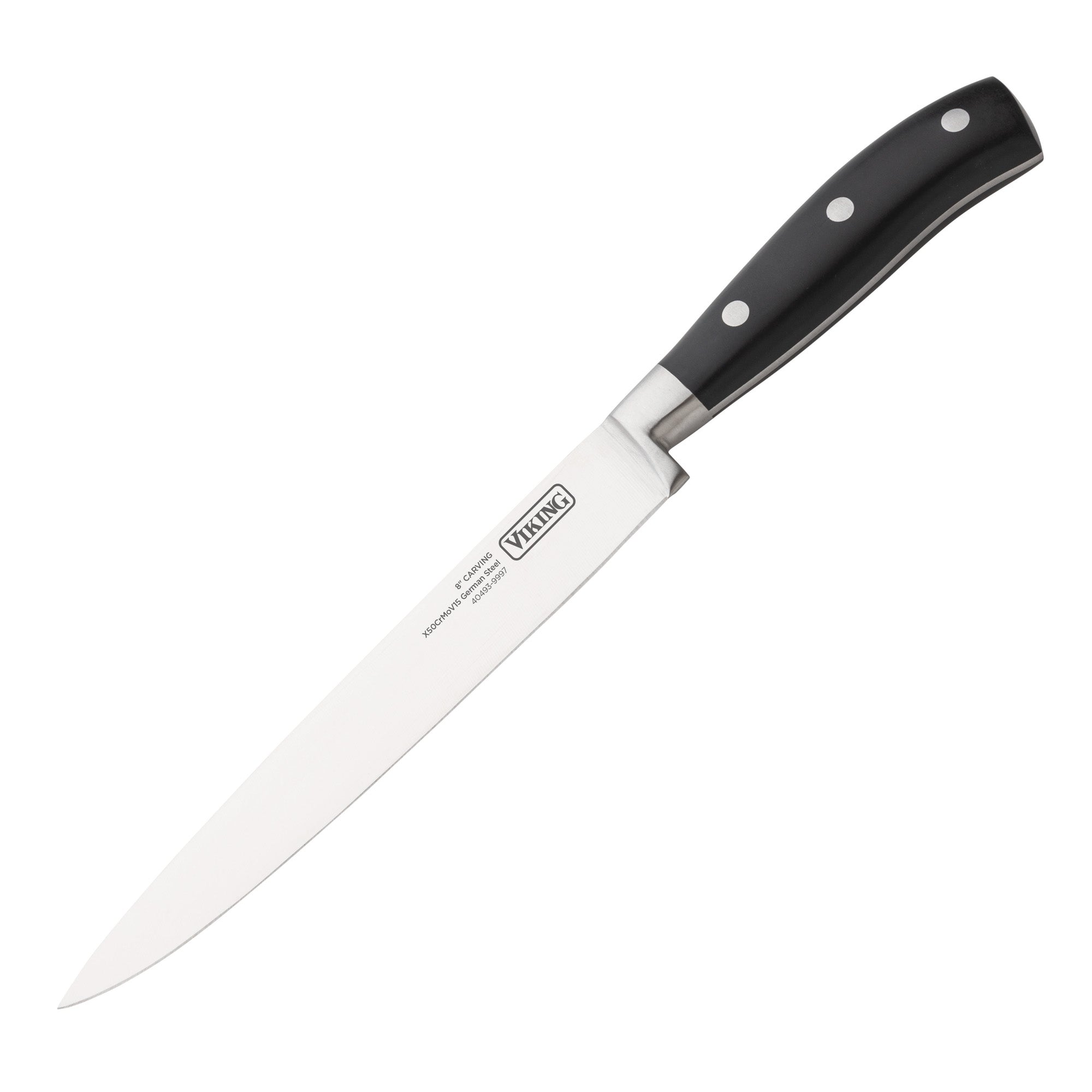 The Viking 17-Piece Cutlery Set by Viking Culinary Products includes chef knives with ergonomic designs, sharp stainless steel blades, and black handles accented with three silver rivets, shown against a white background.