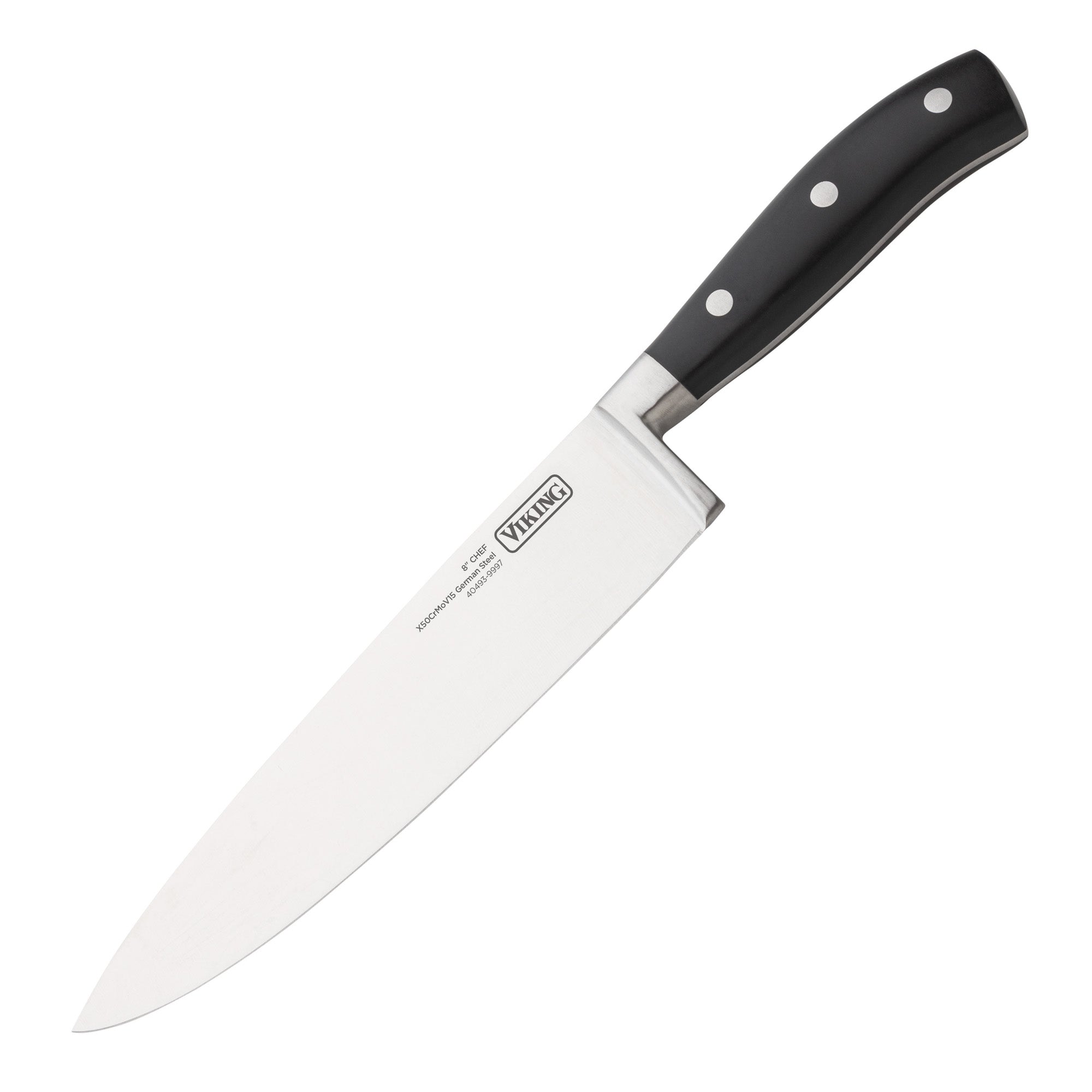 A stainless steel chef knife from the Viking 17-Piece Cutlery Set by Viking Culinary Products, featuring an ergonomic black handle with three silver rivets and the Viking logo on the blade, lies on a white background.