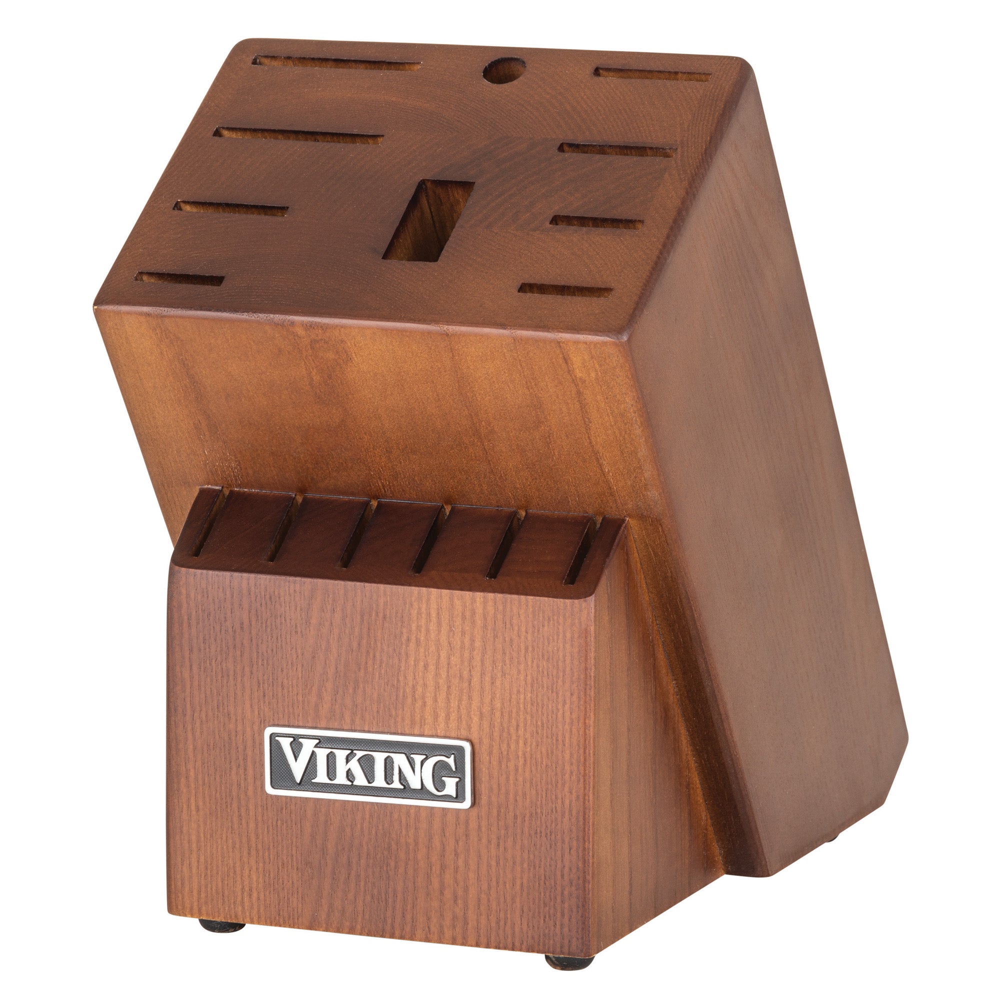 The Viking 17-Piece Cutlery Set by Viking Culinary Products includes a light walnut color block with an ergonomic, angled design, multiple slots for chef knives, a silver Viking logo on the front, and is made of polished wood. Block ships empty.