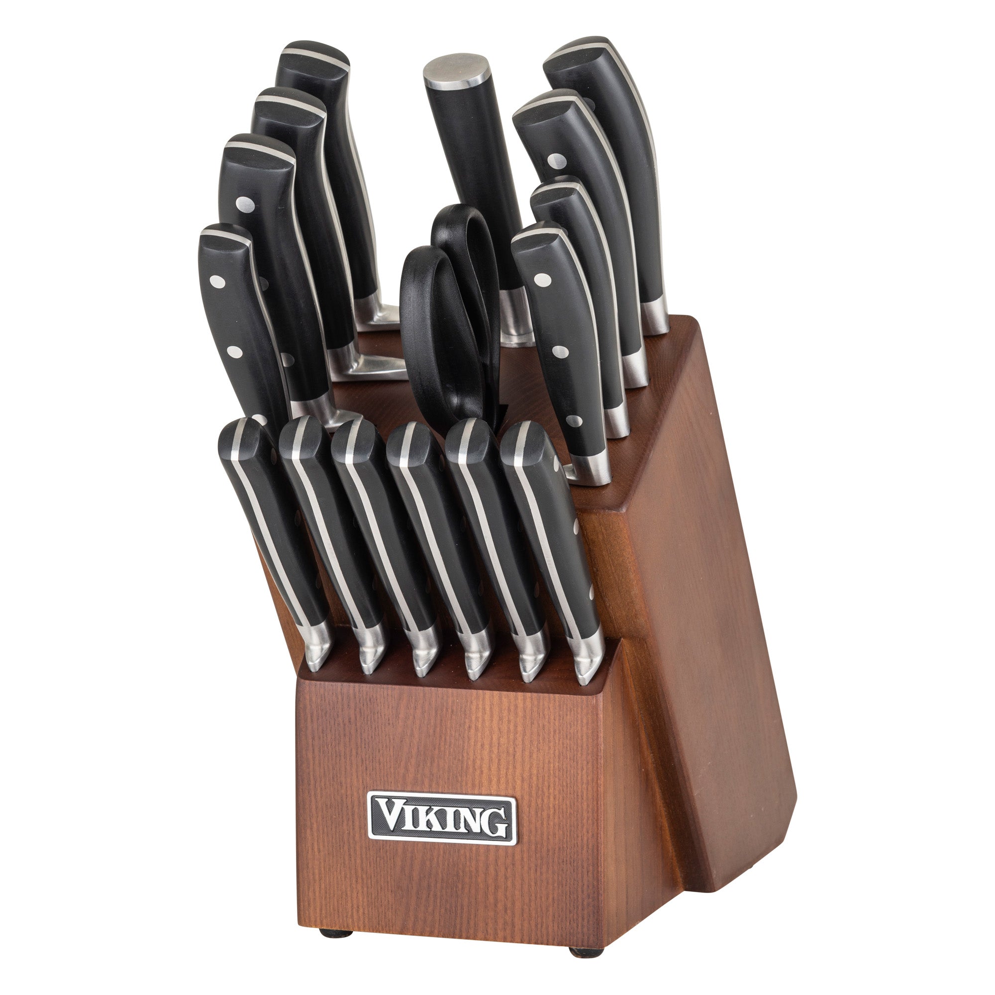 The Viking 17-Piece Cutlery Set by Viking Culinary Products features stainless steel knives with black ergonomic handles, kitchen shears, a sharpener, and a light walnut color block.