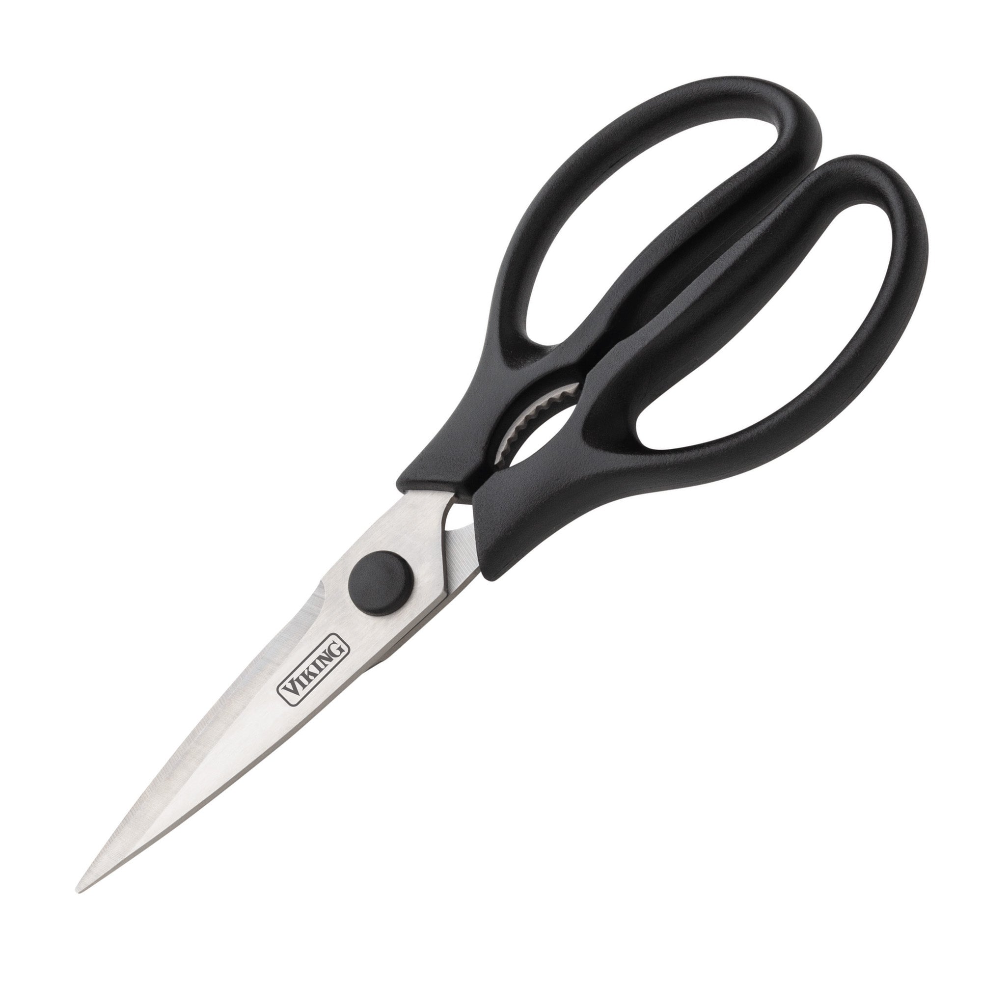 A pair of Viking Culinary kitchen scissors with stainless steel blades and black ergonomic handles, from the Viking 17-Piece Cutlery Set with Light Walnut Color Block, is placed diagonally on a white background. Brand name visible on blade.