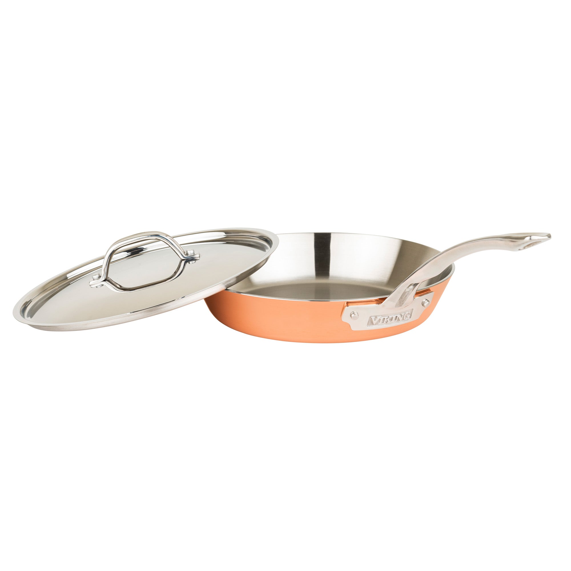 The Viking Contemporary 4-Ply Copper Clad 9-Piece Cookware Set by Viking Culinary Products features stainless interiors, copper exteriors, stay-cool handles, and metal lids—versatile cookware perfect for any kitchen.