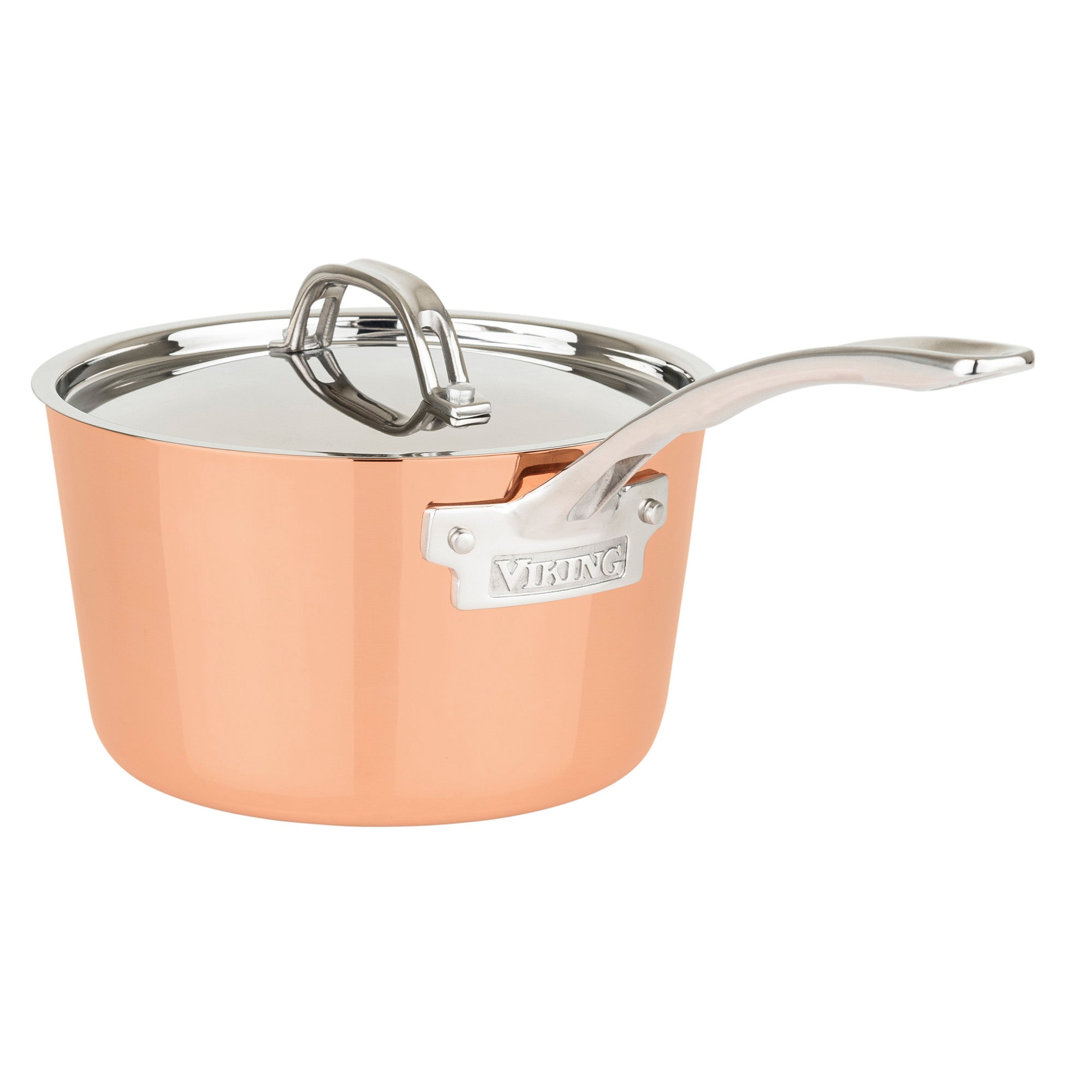The Viking Contemporary 4-Ply Copper Clad Cookware Set includes copper saucepans with long stainless steel handles, metal lids, and the Viking Culinary Products brand name on a tag attached to each handle.