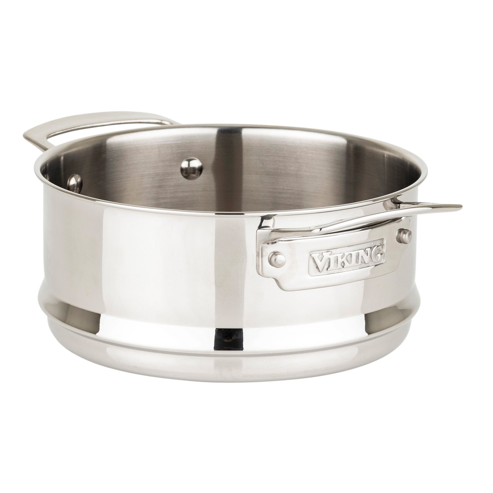 The Viking Contemporary 4-Ply Copper Clad 9-Piece Cookware Set by Viking Culinary Products features stainless steel pots with two handles and a branded metal plate, shown empty on a white background.