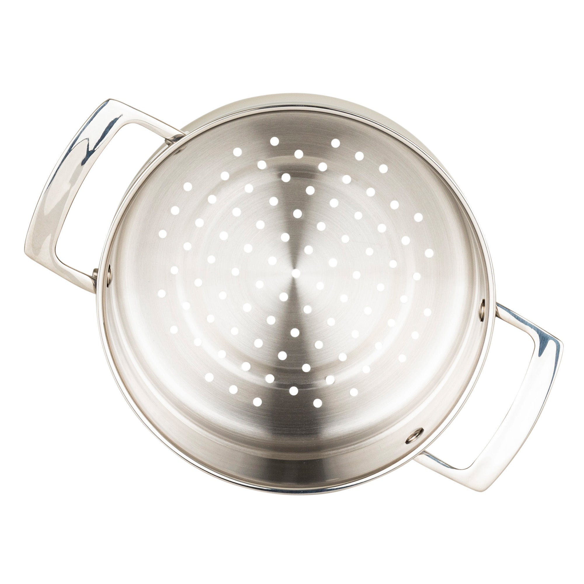 A top view of the Viking Contemporary 4-Ply Copper Clad 9-Piece Cookware Set with Metal Lids by Viking Culinary Products, featuring stainless steel pieces with sturdy handles and evenly spaced holes, ideal for complementing your cookware collection.
