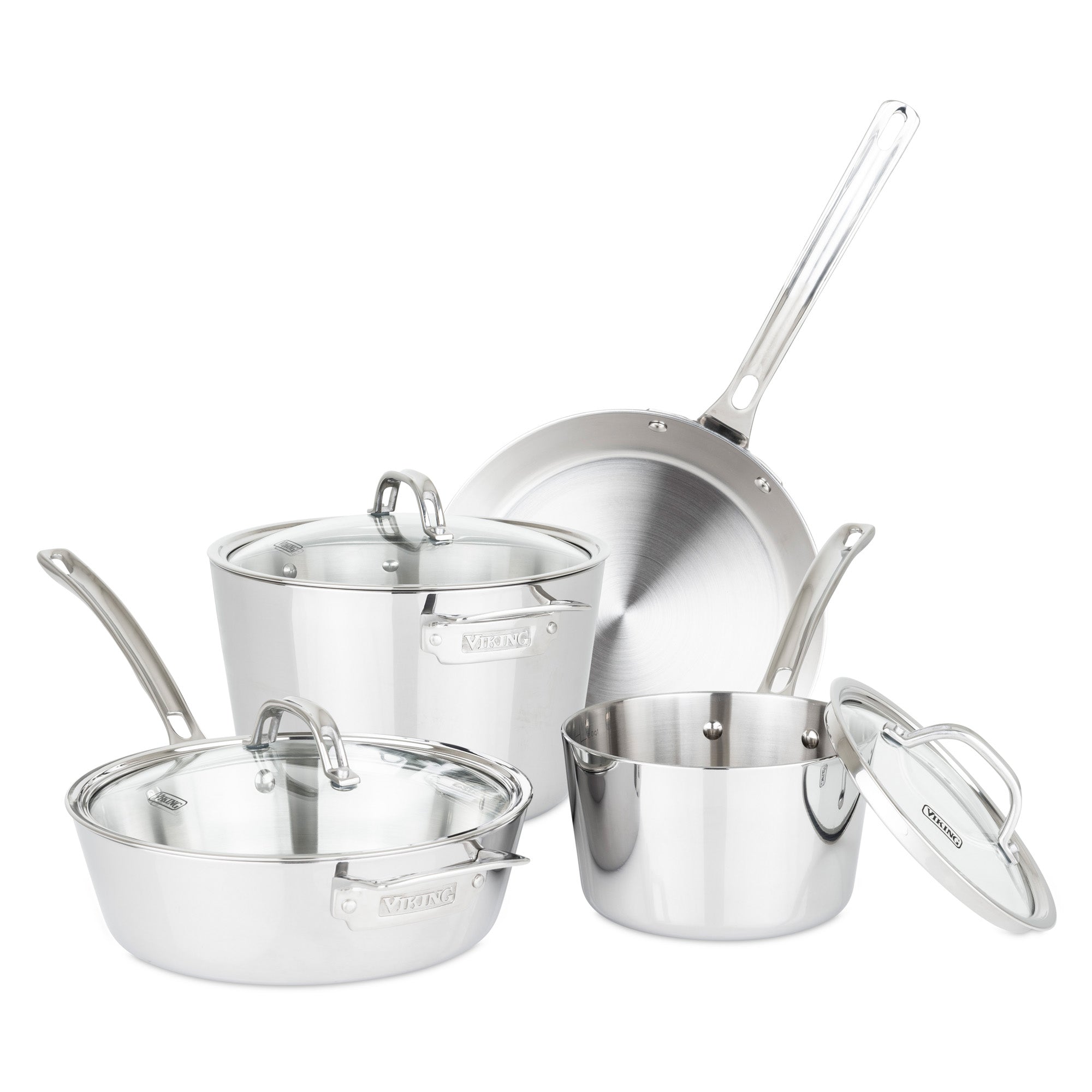 The Viking Culinary Products Contemporary 3-Ply Stainless Steel 7-Piece Cookware Set includes induction-compatible pots, saucepan, and frying pan with metal handles and glass lids, displayed on a white background.