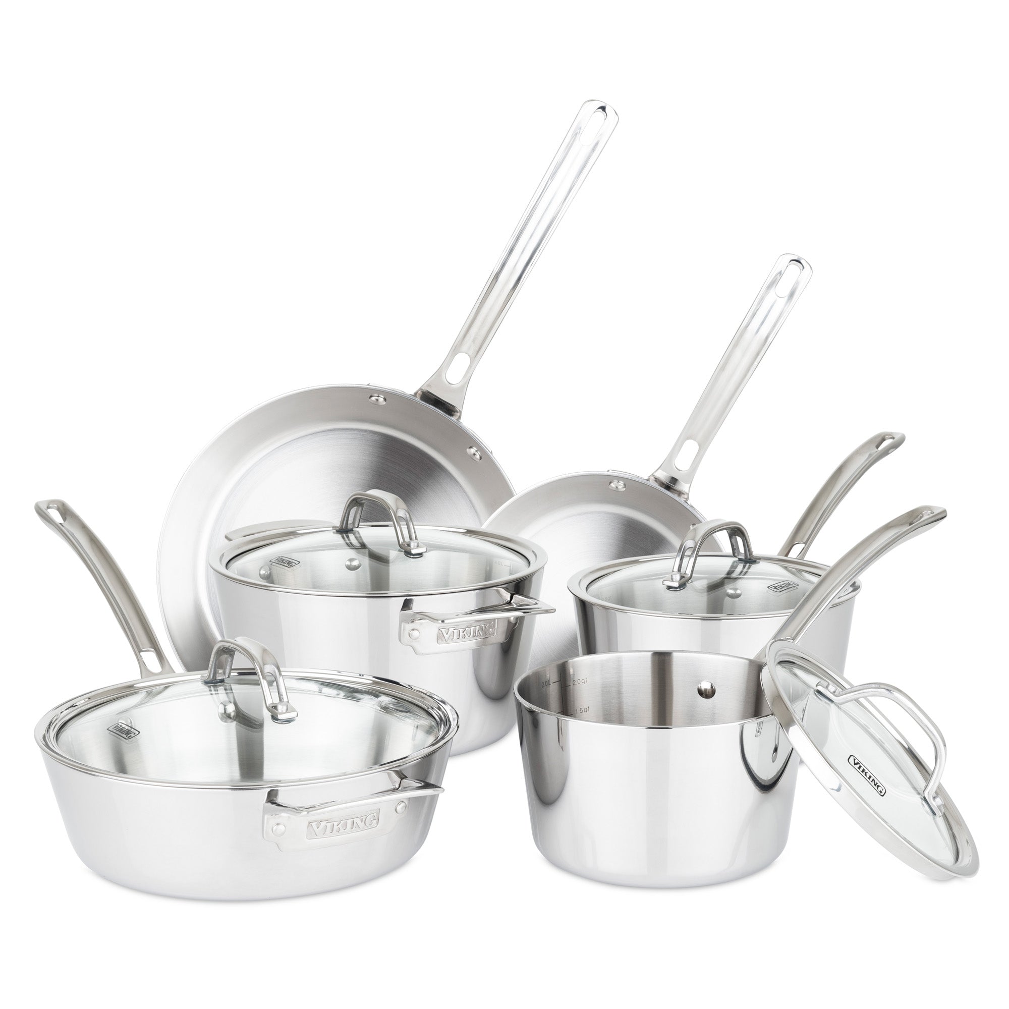 The Viking Contemporary 3-Ply Stainless Steel 10-Piece Cookware Set by Viking Culinary Products includes an 8-inch fry pan, three pots with glass lids, a saucepan with lid, and two frying pans—all dishwasher safe and shown on a white background.
