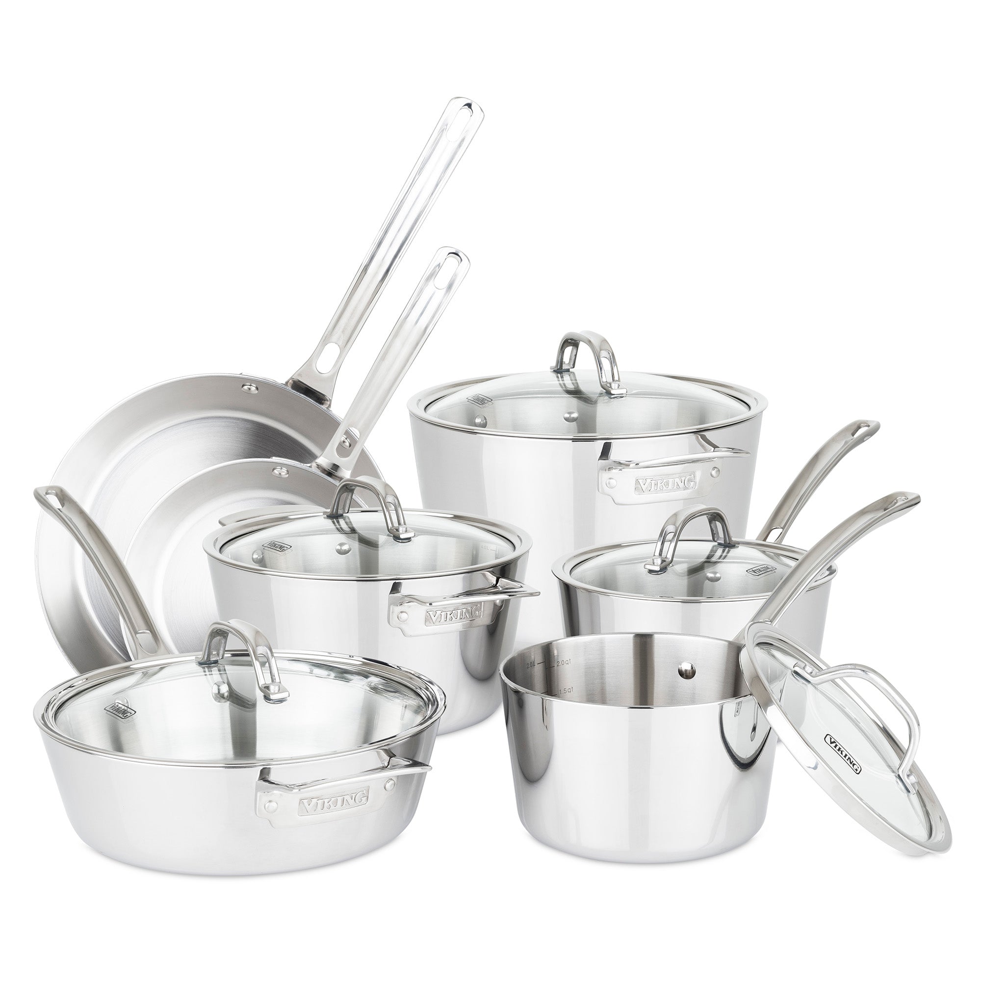 The Viking Culinary Products Contemporary 3-Ply Stainless Steel 12-Piece Cookware Set features various pots and pans with sturdy handles, glass lids, induction compatibility, and a polished finish, neatly displayed on a white background.