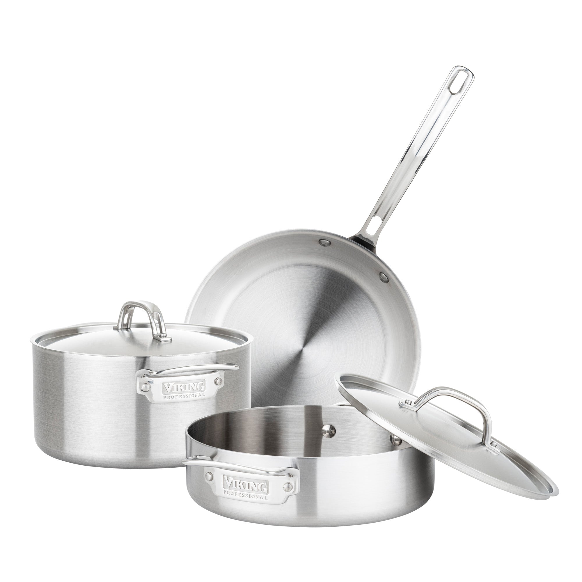 The Viking Professional 5-Ply 5-Piece Starter Cookware Set by Viking Culinary Products includes a saucepan, sauté pan, and frying pan with lids and Stay-Cool Handles, all shown on a white background.