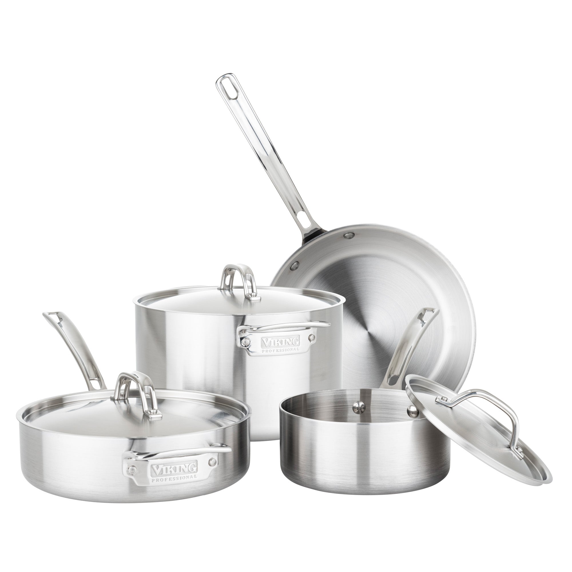 The Viking Professional 5-Ply 7-piece Cookware Set by Viking Culinary Products includes a frying pan, saucepan, sauté pan, and pot—each with Stay-Cool Handles and lids—shown on a white background.