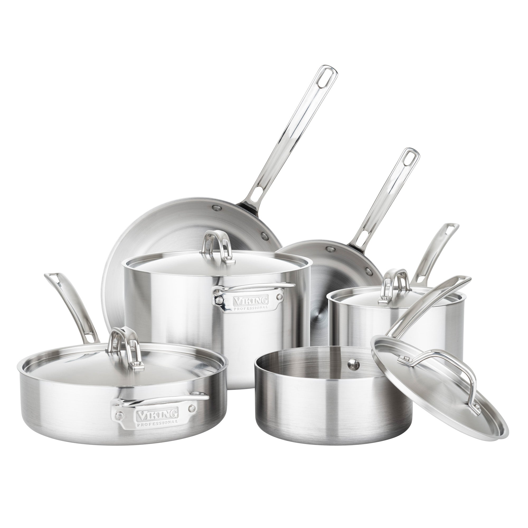 The Viking Culinary Products Professional 5-Ply 10-piece Cookware Set includes saucepans, a sauté pan, frying pan, and lids with ergonomic handles and a polished finish, all displayed on a white background.