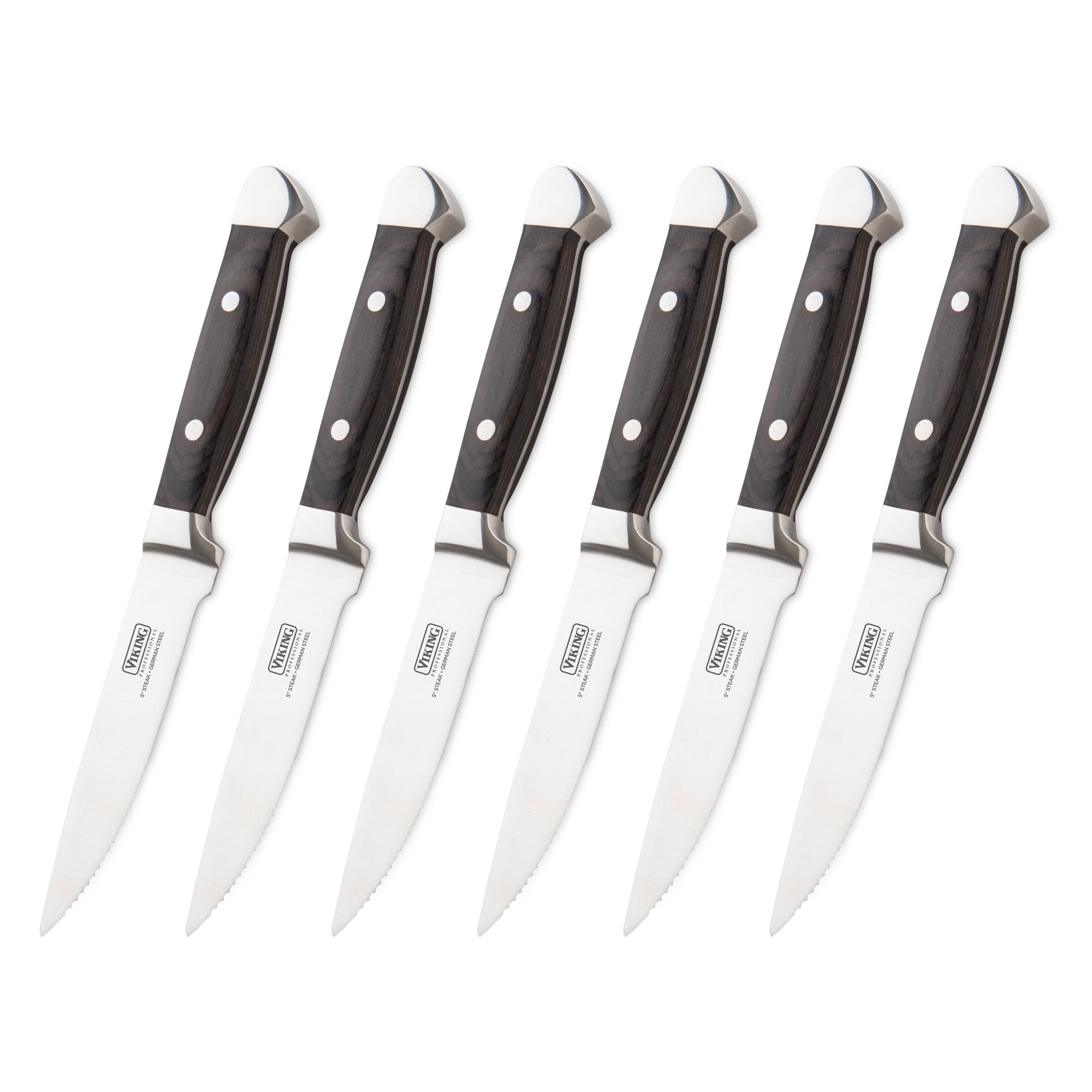 The Viking Culinary Products Steakhouse Pakka Wood 6-Piece Steak Knife Set features serrated, corrosion-resistant German steel blades and sleek black pakkawood handles, elegantly arranged side by side on a white background.
