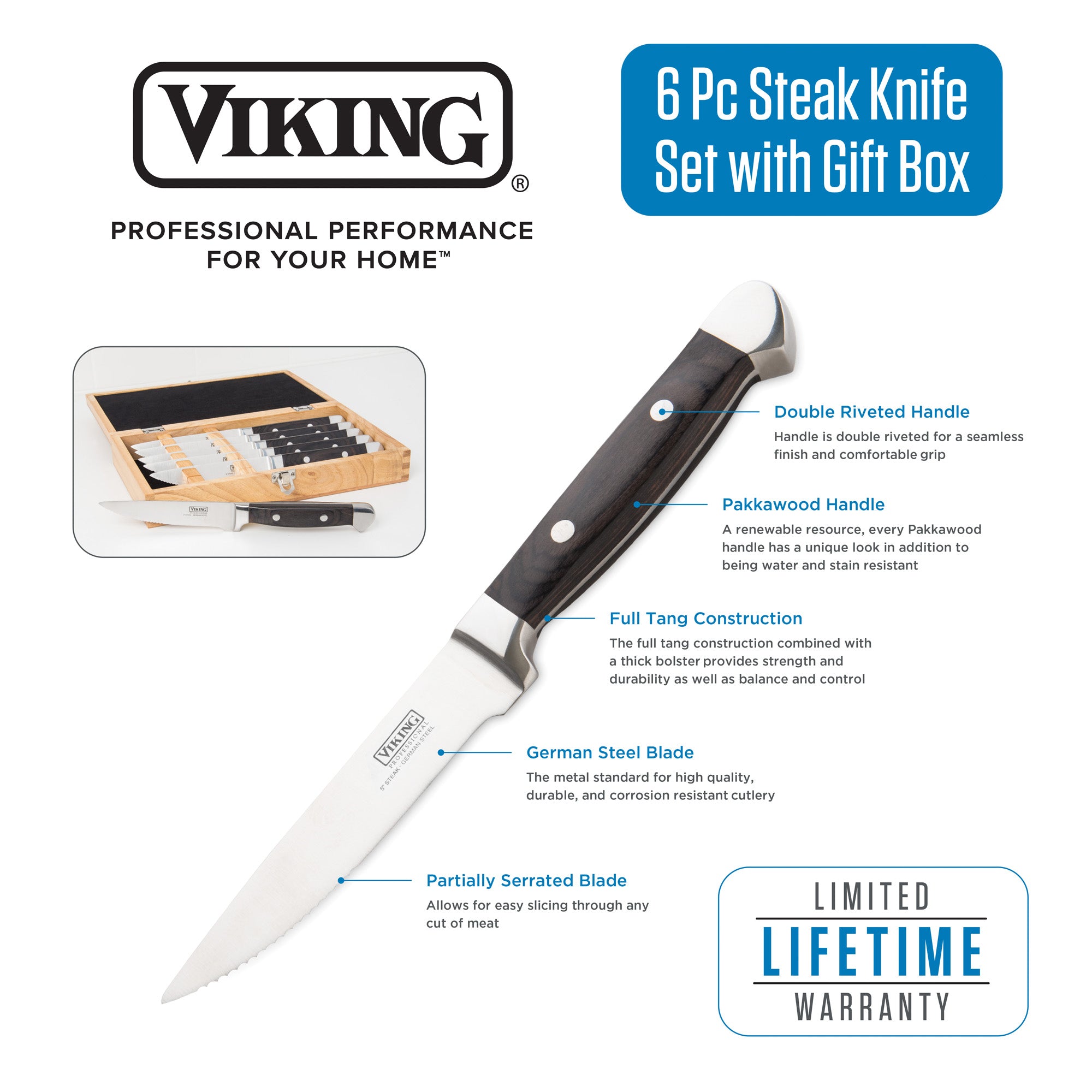 The Viking Steakhouse Pakka Wood 6-Piece Steak Knife Set with Gift Box (Black) by Viking Culinary Products features corrosion-resistant German steel blades, double-riveted full-tang handles, partially serrated edges, and a lifetime warranty.