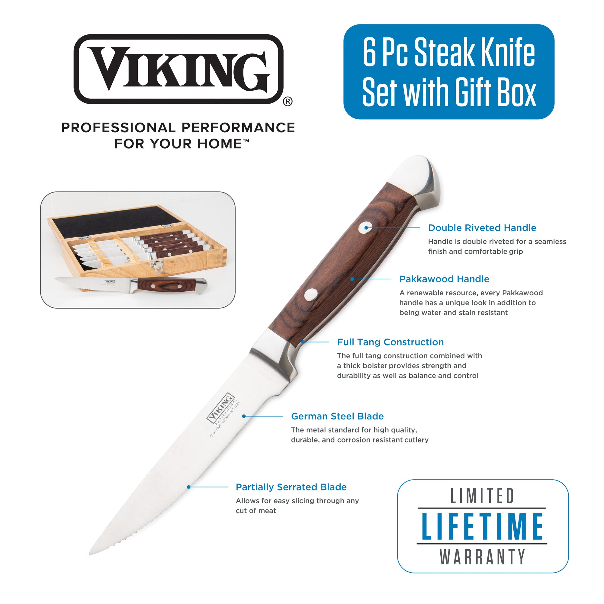 Viking Culinary Products Viking Steakhouse Pakka Wood 6-Piece Steak Knife Set (Red) comes in a wooden gift box and features full tang construction, double-riveted pakkawood handles, partially serrated edges, and a limited lifetime warranty.