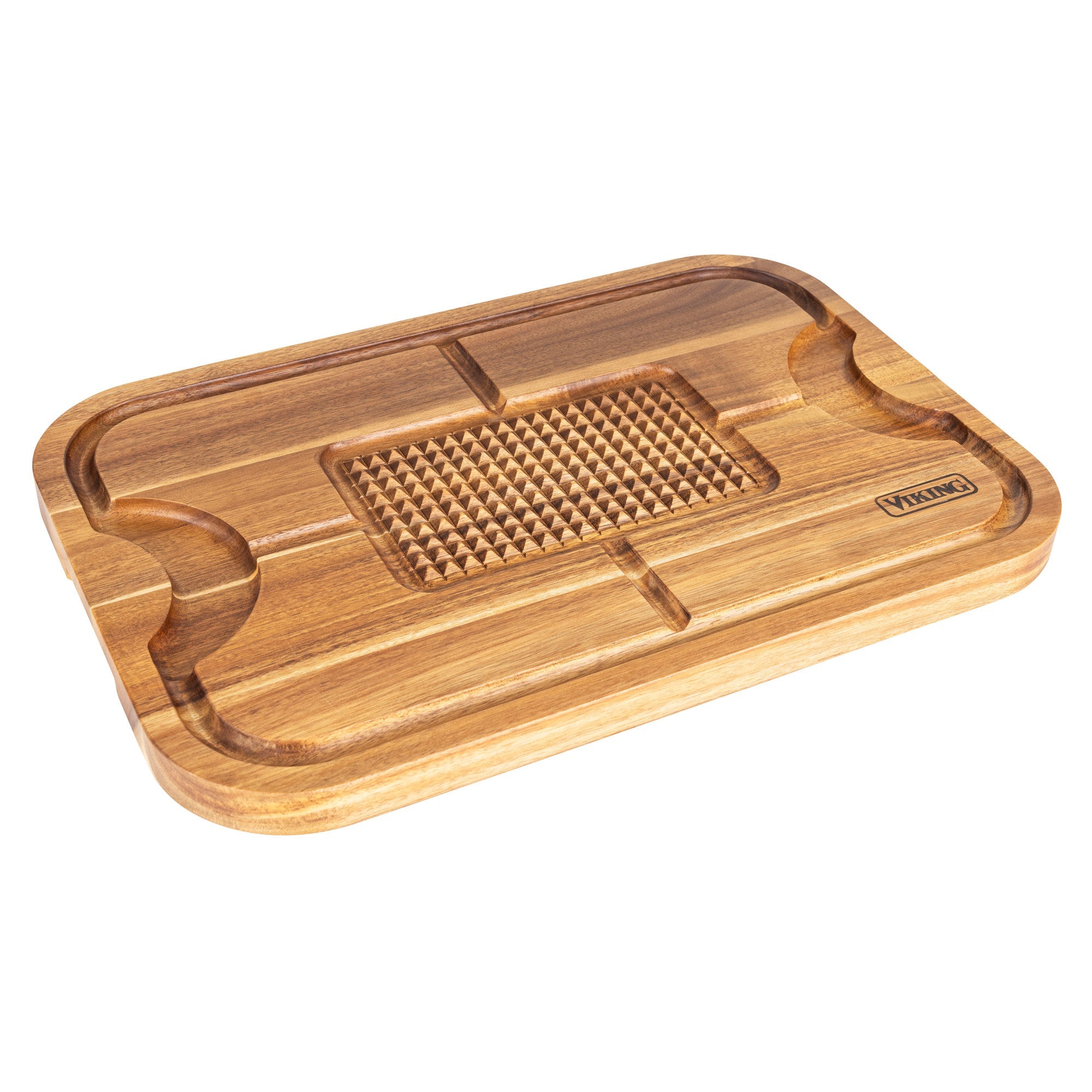 The Viking Acacia Wood Cutting Board with 3-Piece Stainless Steel Carving Set by Viking Culinary Products features deep edge grooves, a textured grating center, and an engraved Viking logo in one corner.