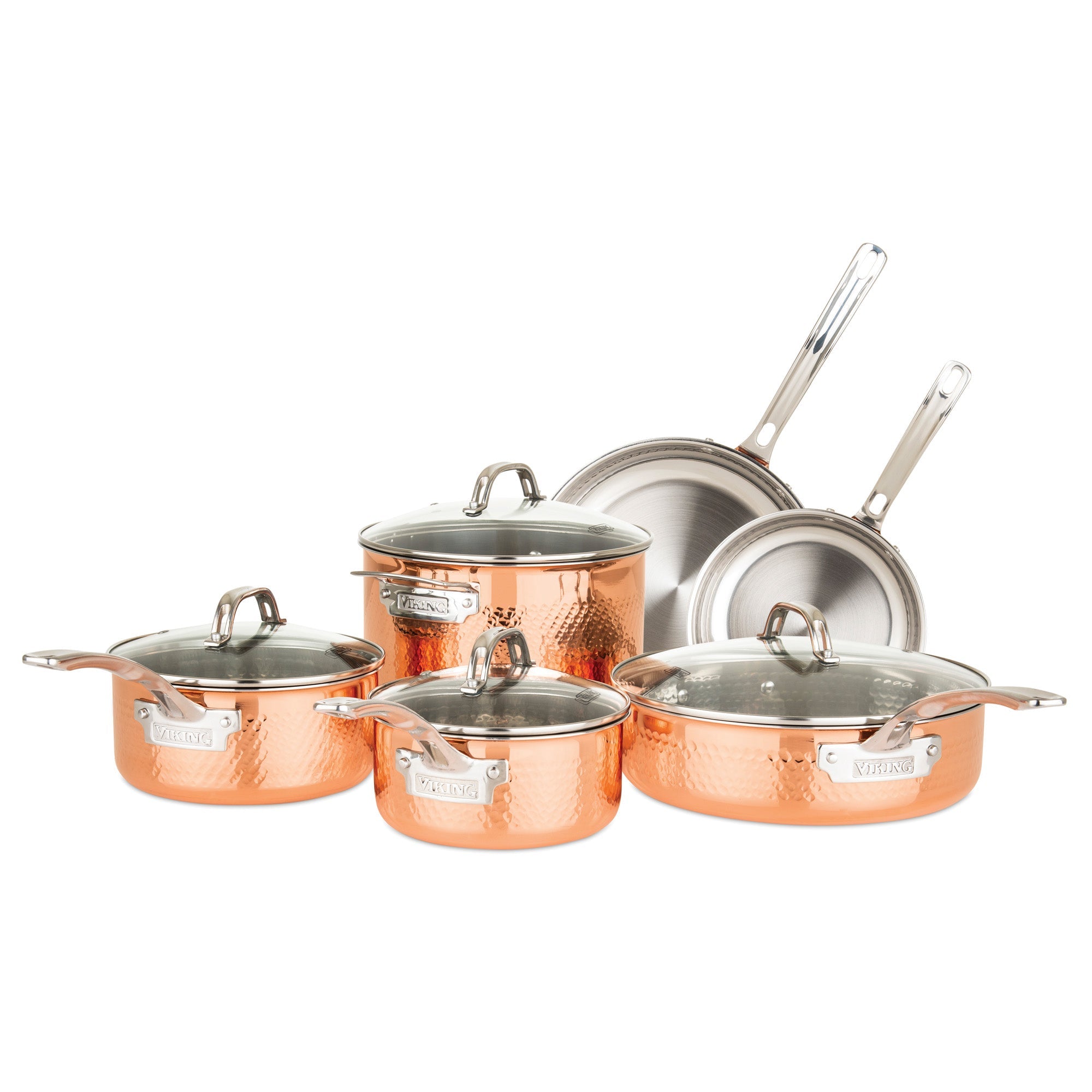 The Viking 3-Ply Hammered Copper Clad 10-Piece Cookware Set by Viking Culinary Products features stainless steel interiors, glass lids, shiny metal handles, and includes three pots, a large sauté pan with lid, and two frying pans. Arranged on a white background.
