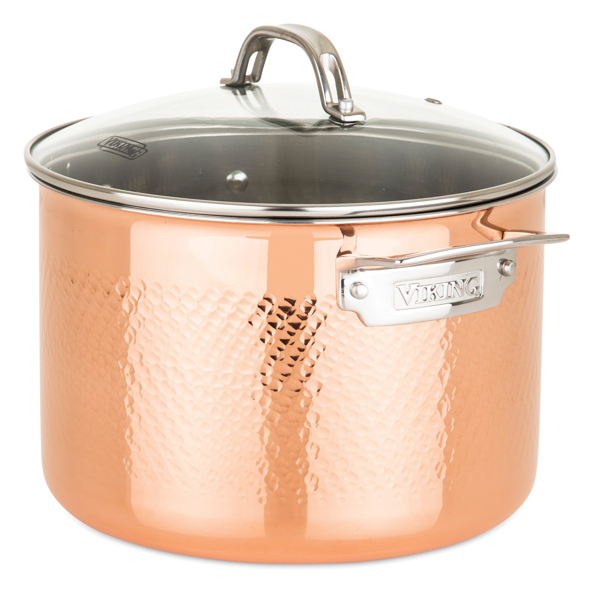 The Viking 3-Ply Hammered Copper Clad 10-Piece Cookware Set by Viking Culinary Products features a stainless steel interior, glass lids, sturdy metal handles, a shiny finish, and a VIKING plate for an elegant touch in your kitchen.